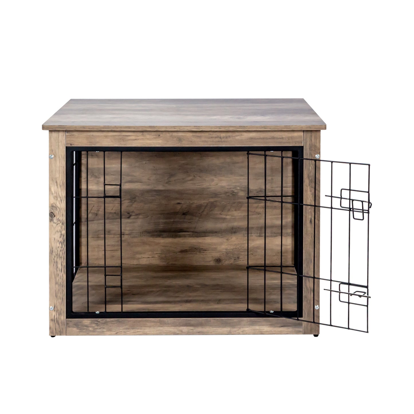 Rustic wood dog crate with black wire door open