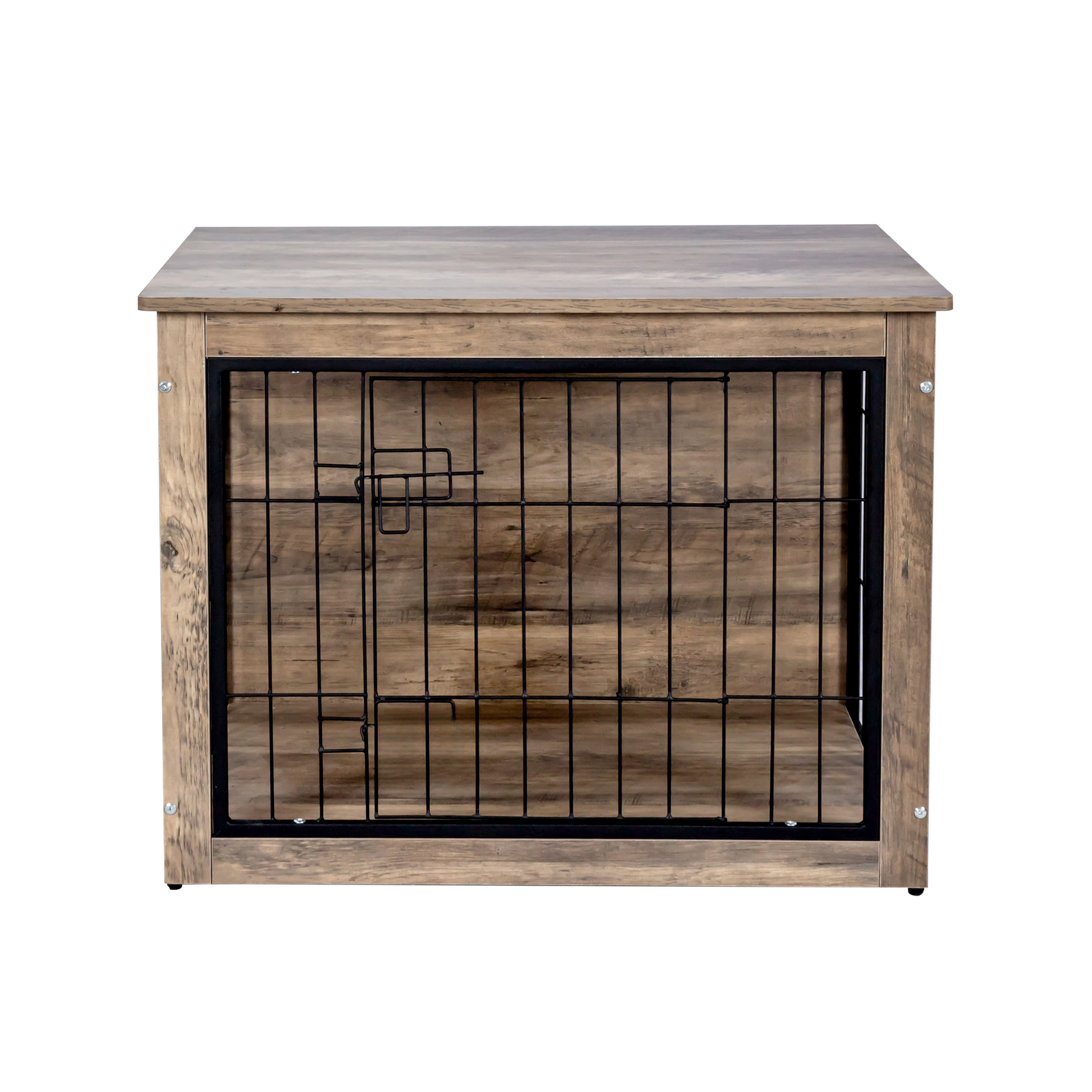 Rustic wood dog crate with black metal wire door and latch