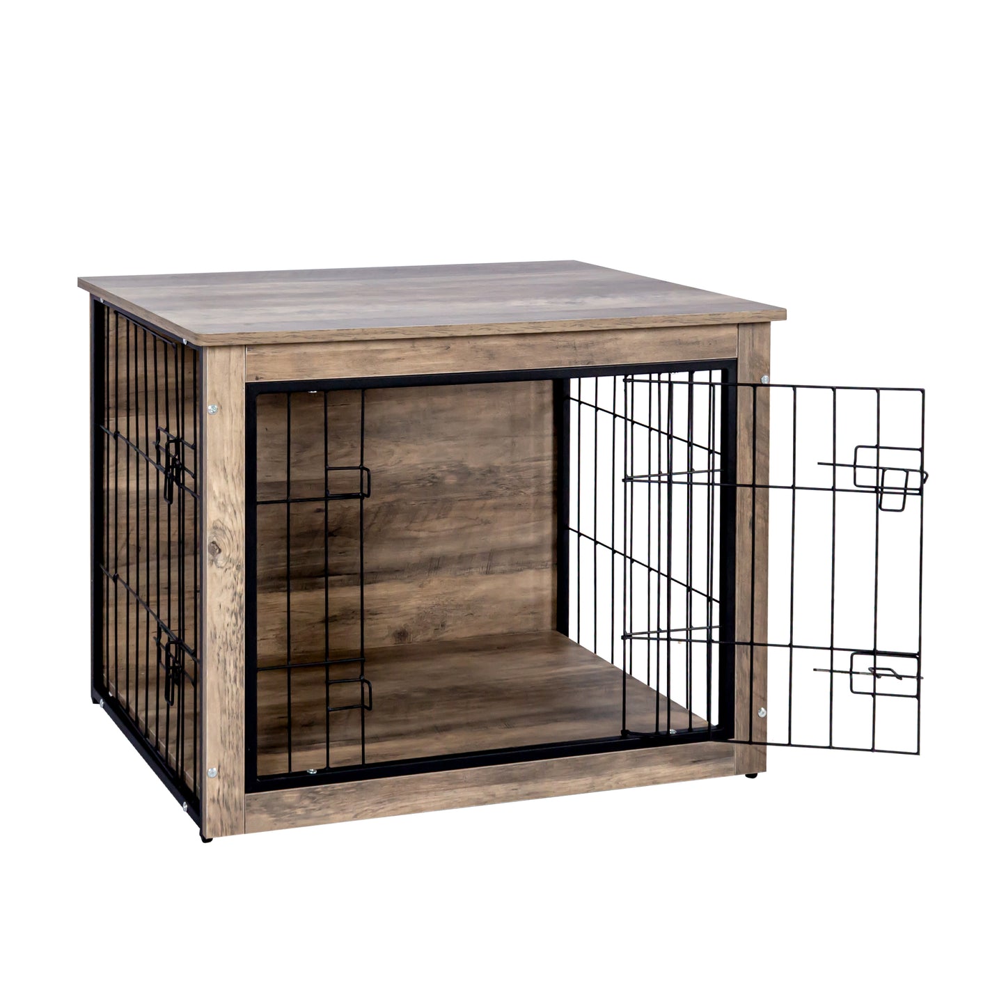 Wooden dog crate with black wire door