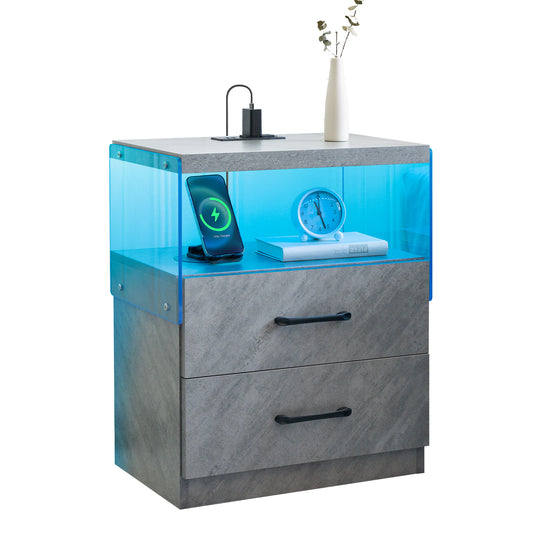Modern nightstand with stoneeffect finish and blue LED lighting