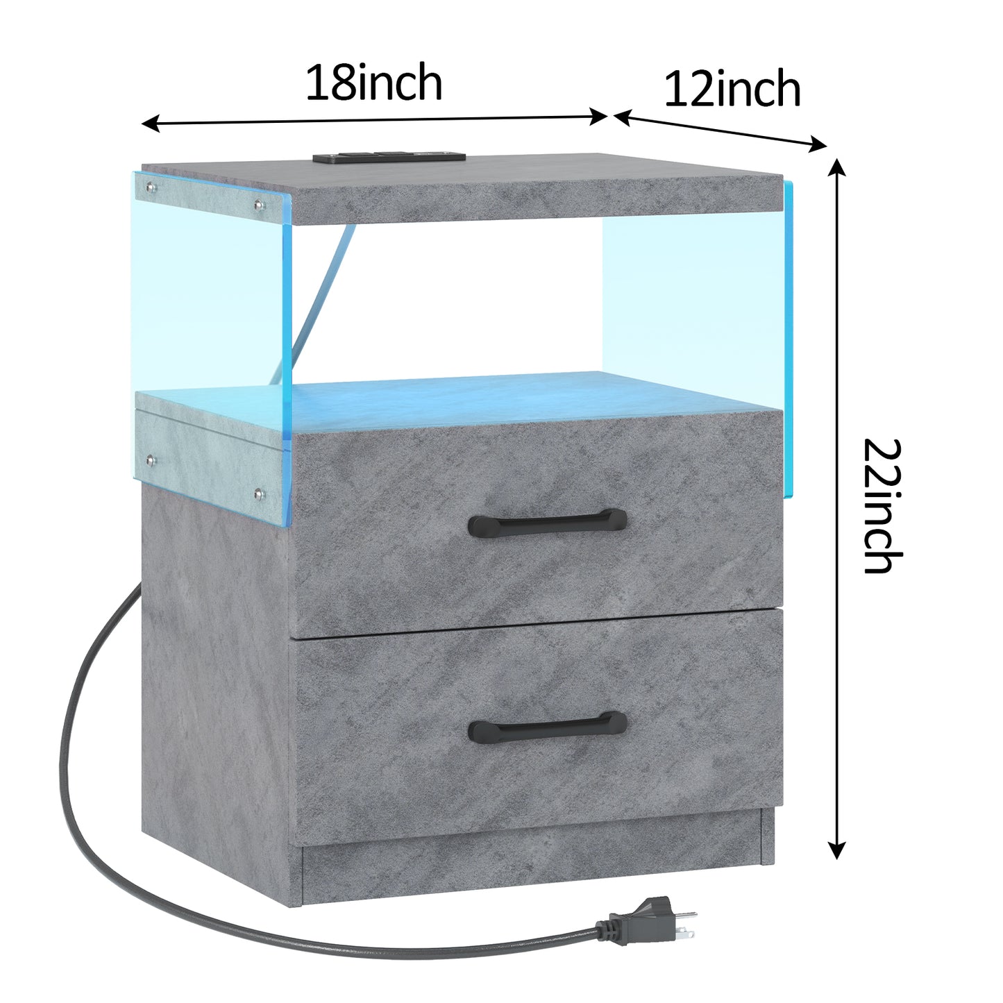 Grey stoneeffect nightstand with two drawers and blue LED lighting
