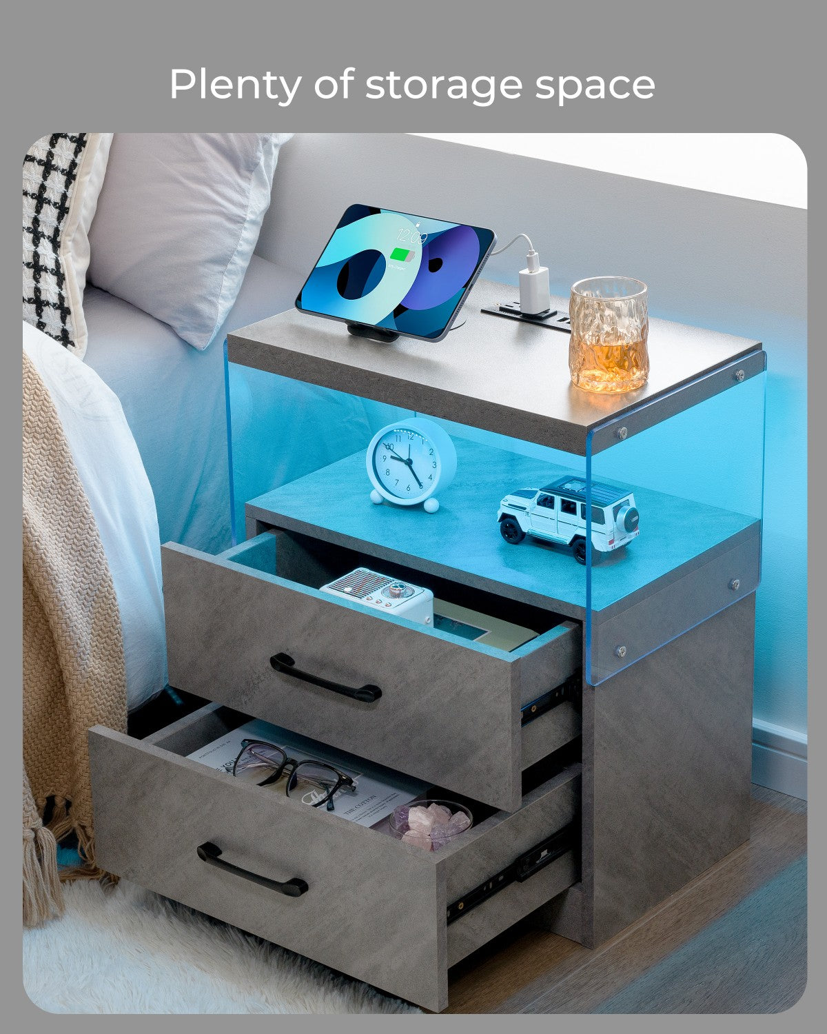 Modern gray bedside table with acrylic accents and blue LED lighting