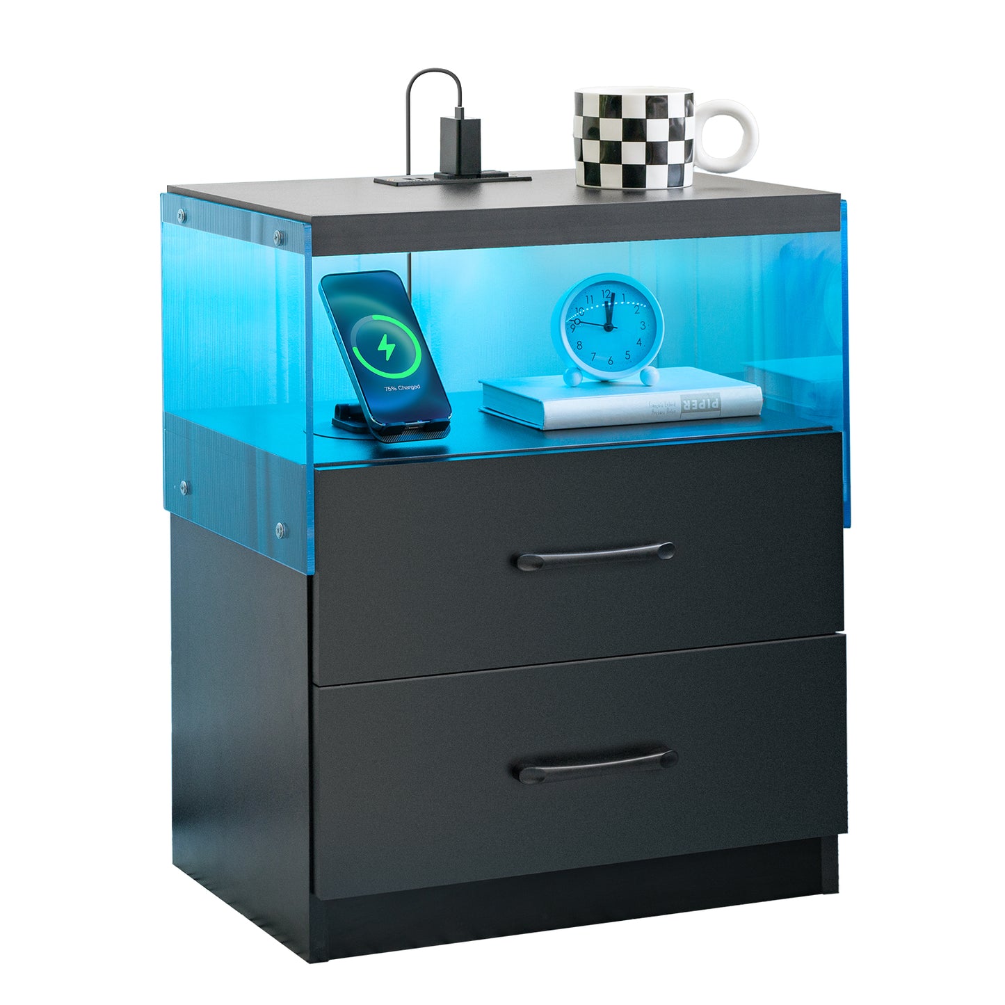 Black nightstand with blue LED light and two drawers