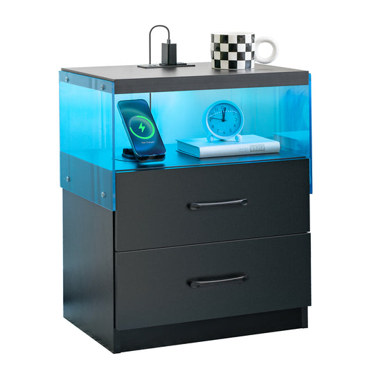 Black nightstand with blue LED light and two drawers