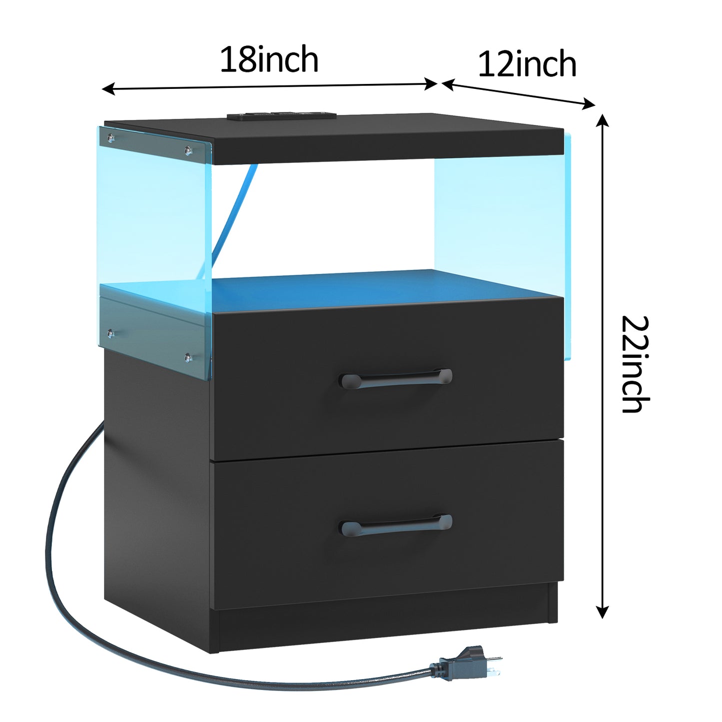 Black twodrawer nightstand with blue LED lighting and clear acrylic sides