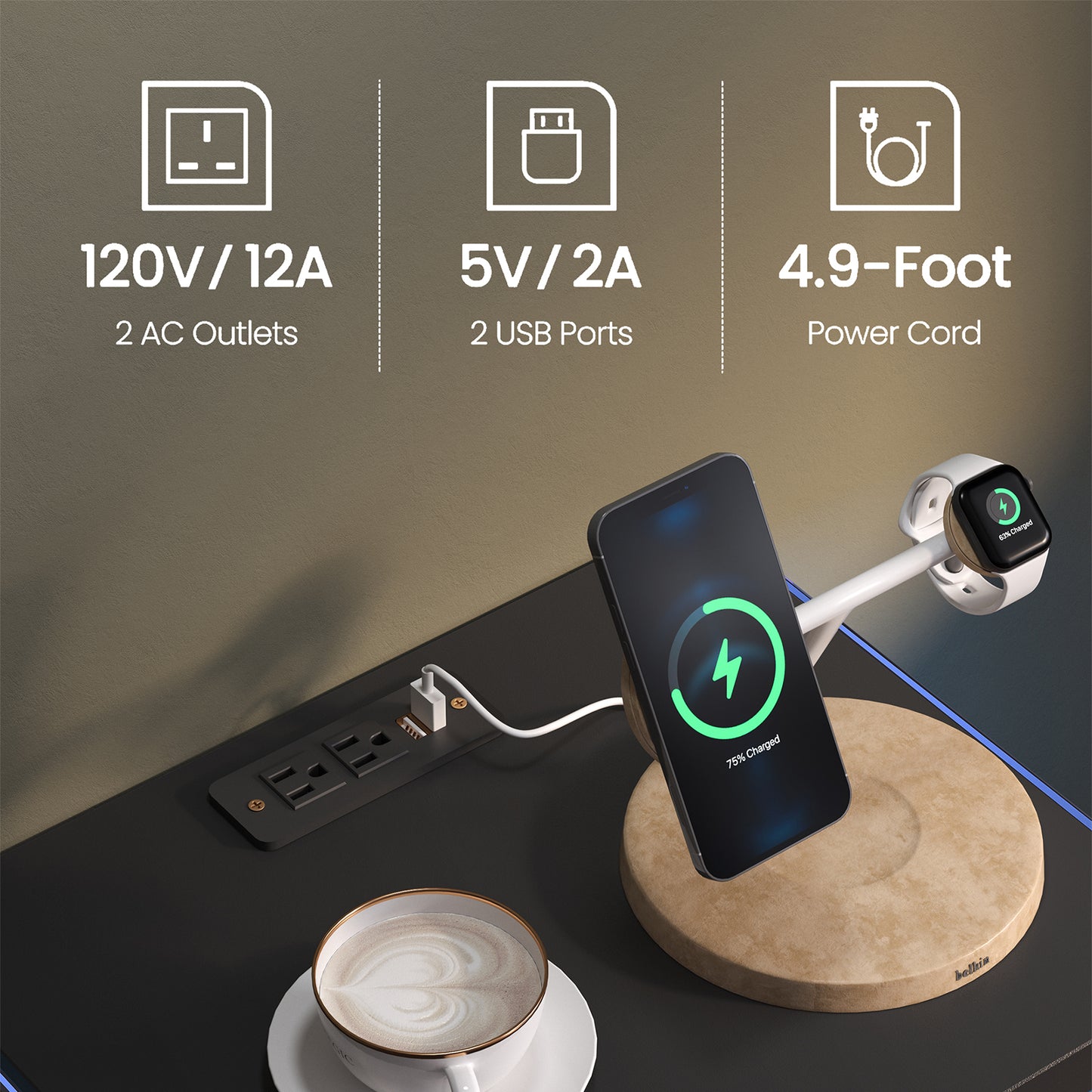 Black power strip with  AC outlets and  USB ports charging iPhone and Apple Watch