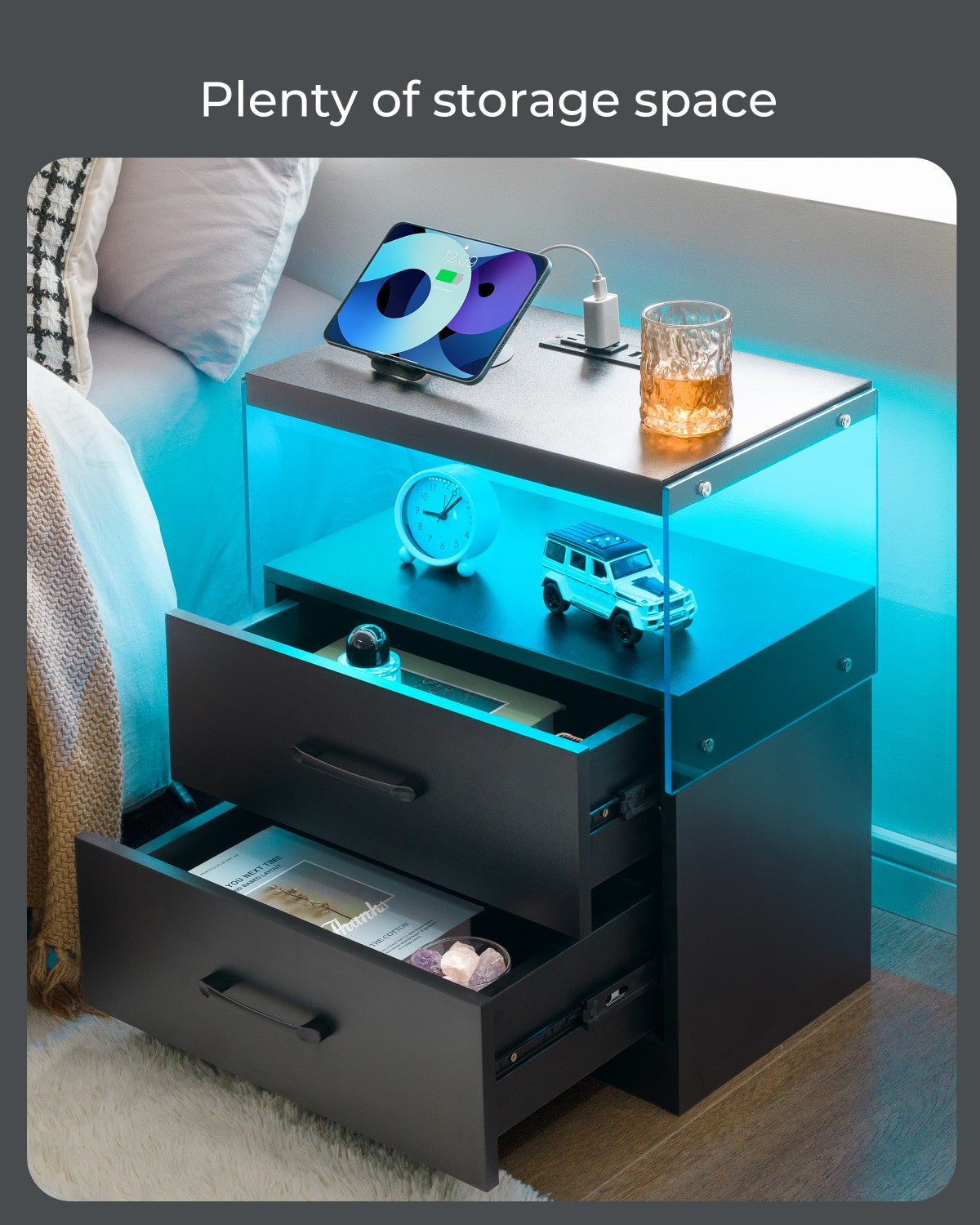 Black nightstand with illuminated blue LED lighting and three drawers