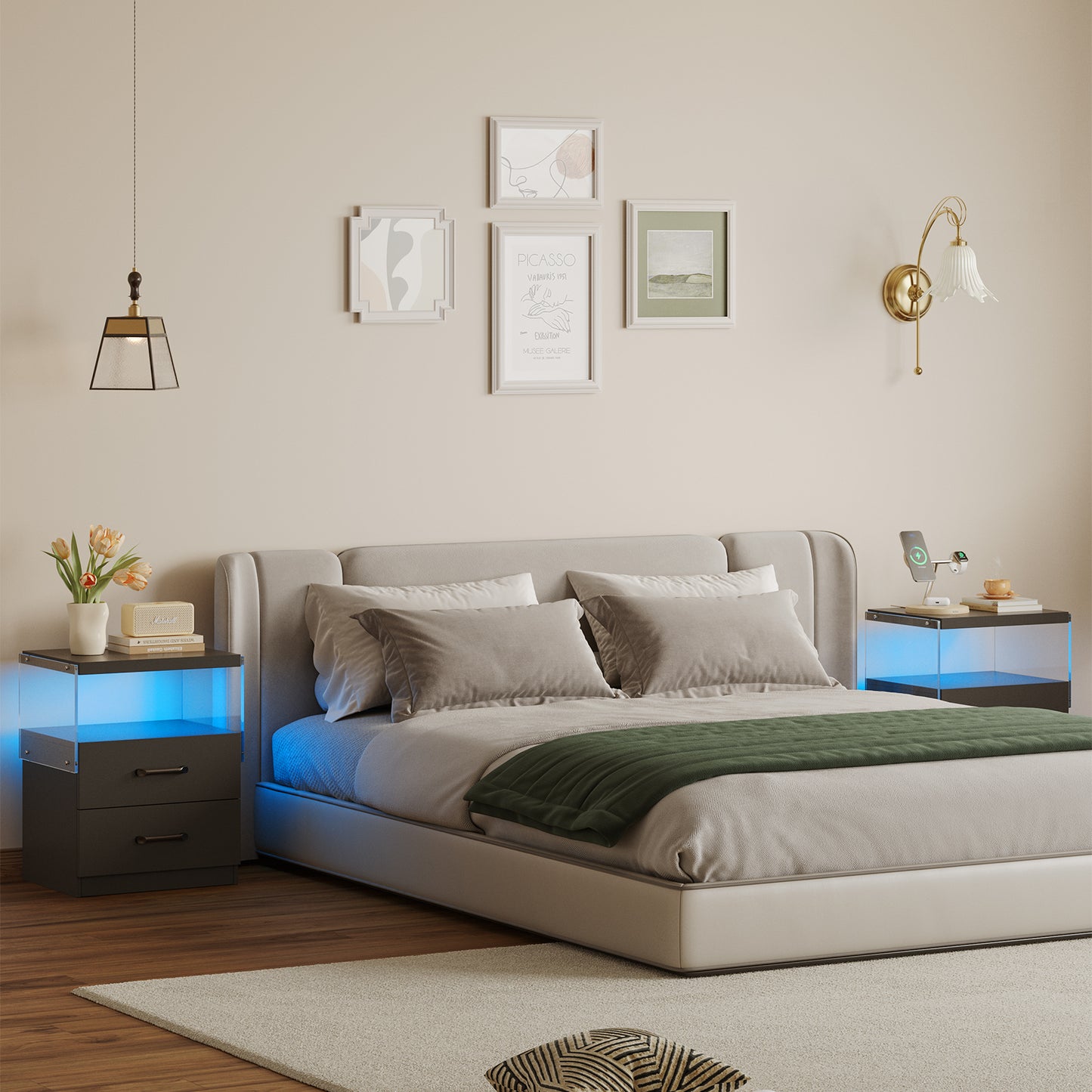 Modern grey upholstered bed frame with minimalist design and plush pillows