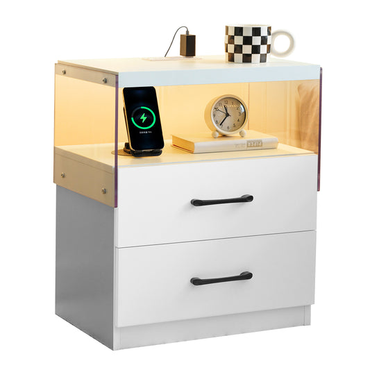 Modern white nightstand with clear top shelf charging a smartphone