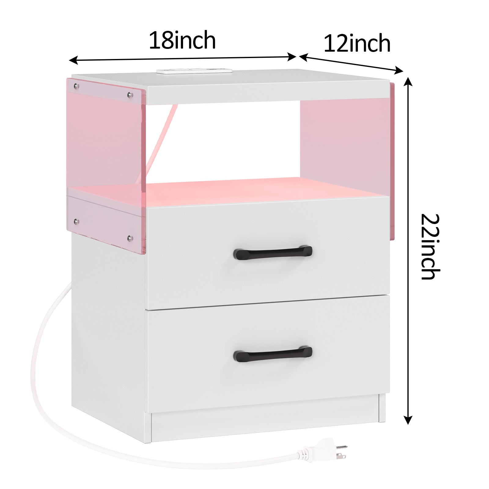 White nightstand with two drawers and a pink acrylic top shelf