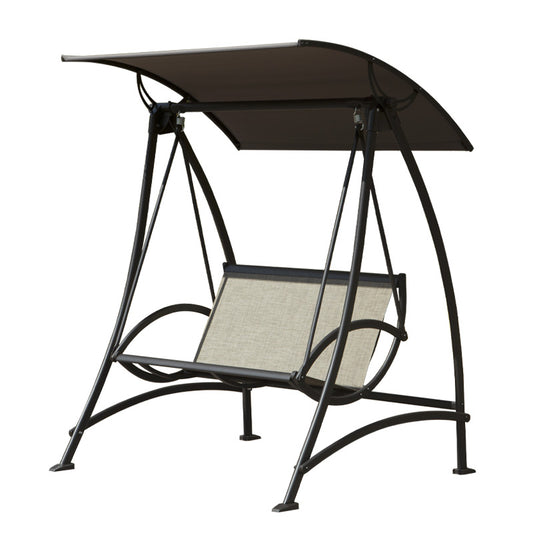 Black metal patio swing with beige fabric seat and canopy