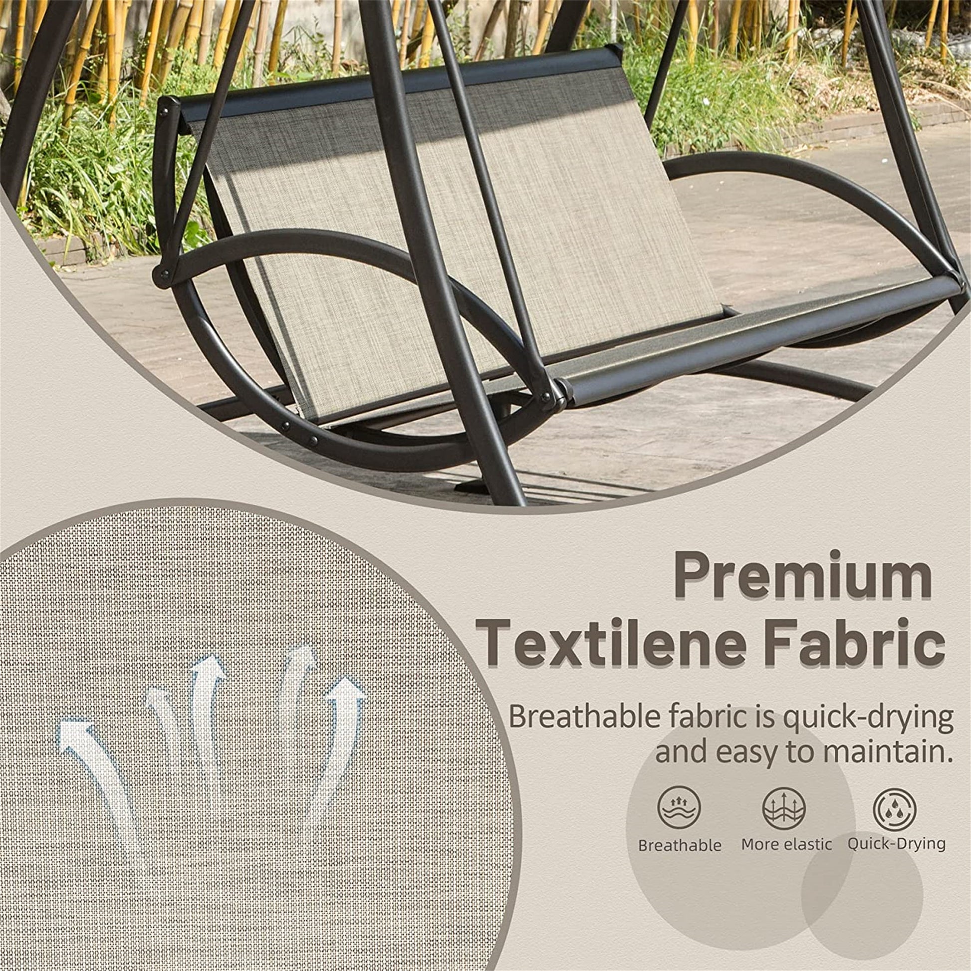 Brown metal frame patio swing chair with beige Textilene fabric