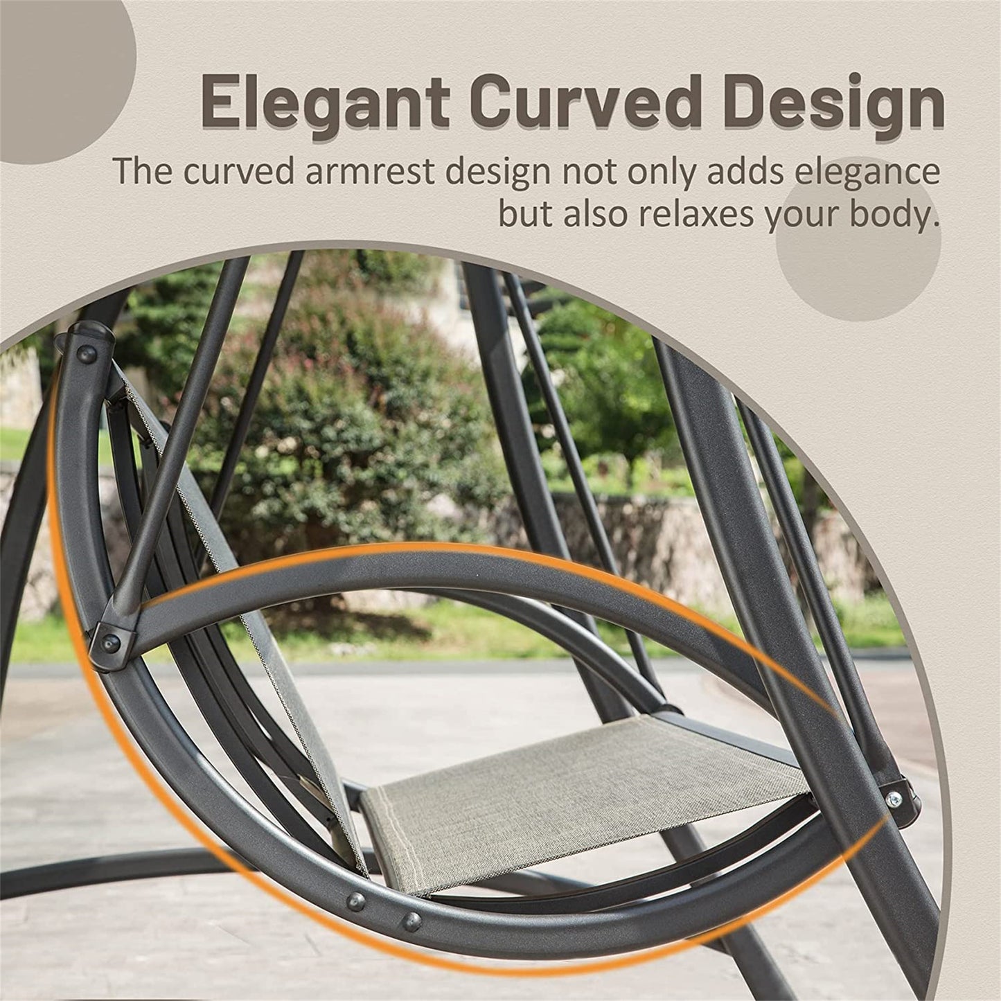 Dark gray metal patio swing with curved armrests
