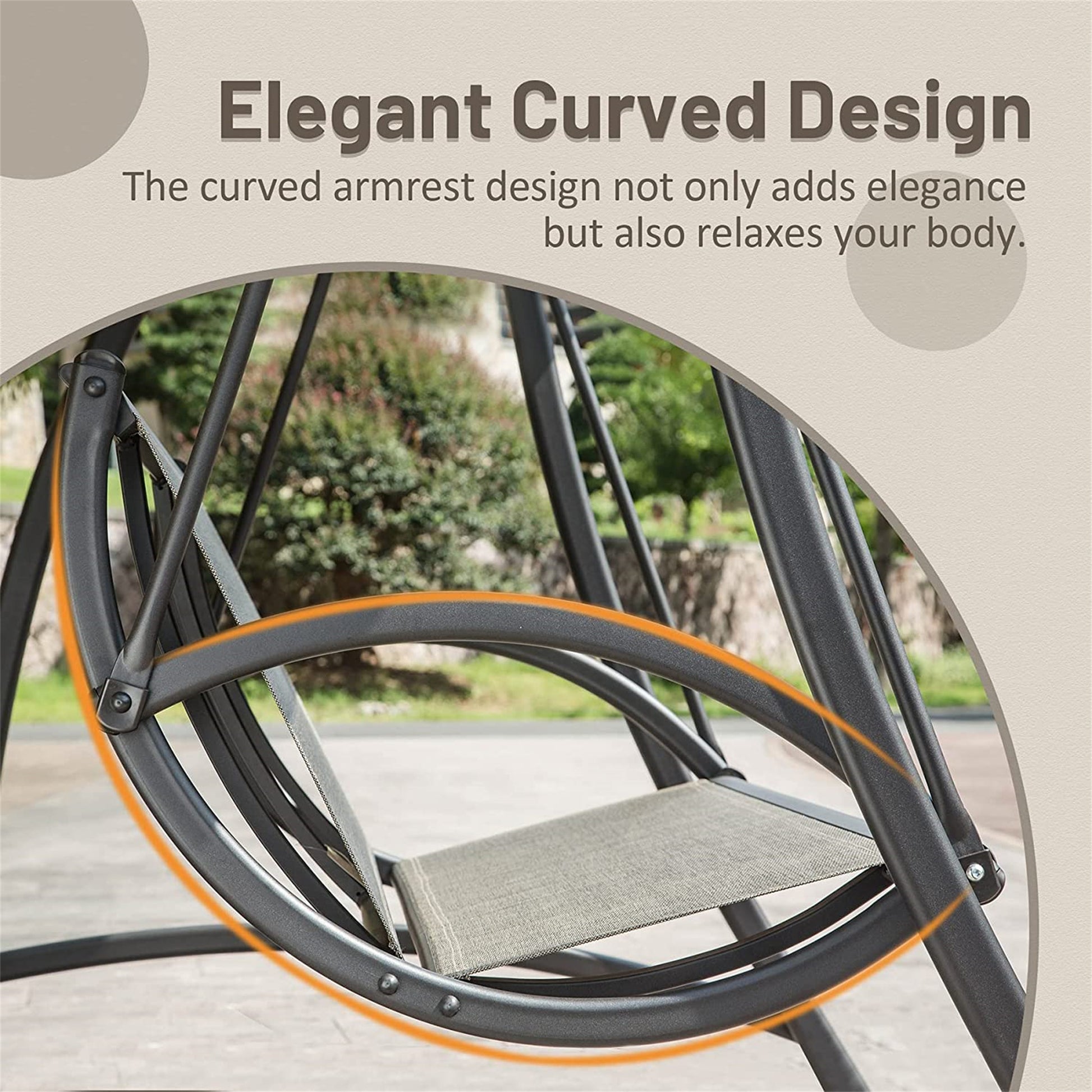 Dark gray metal patio swing with curved armrests