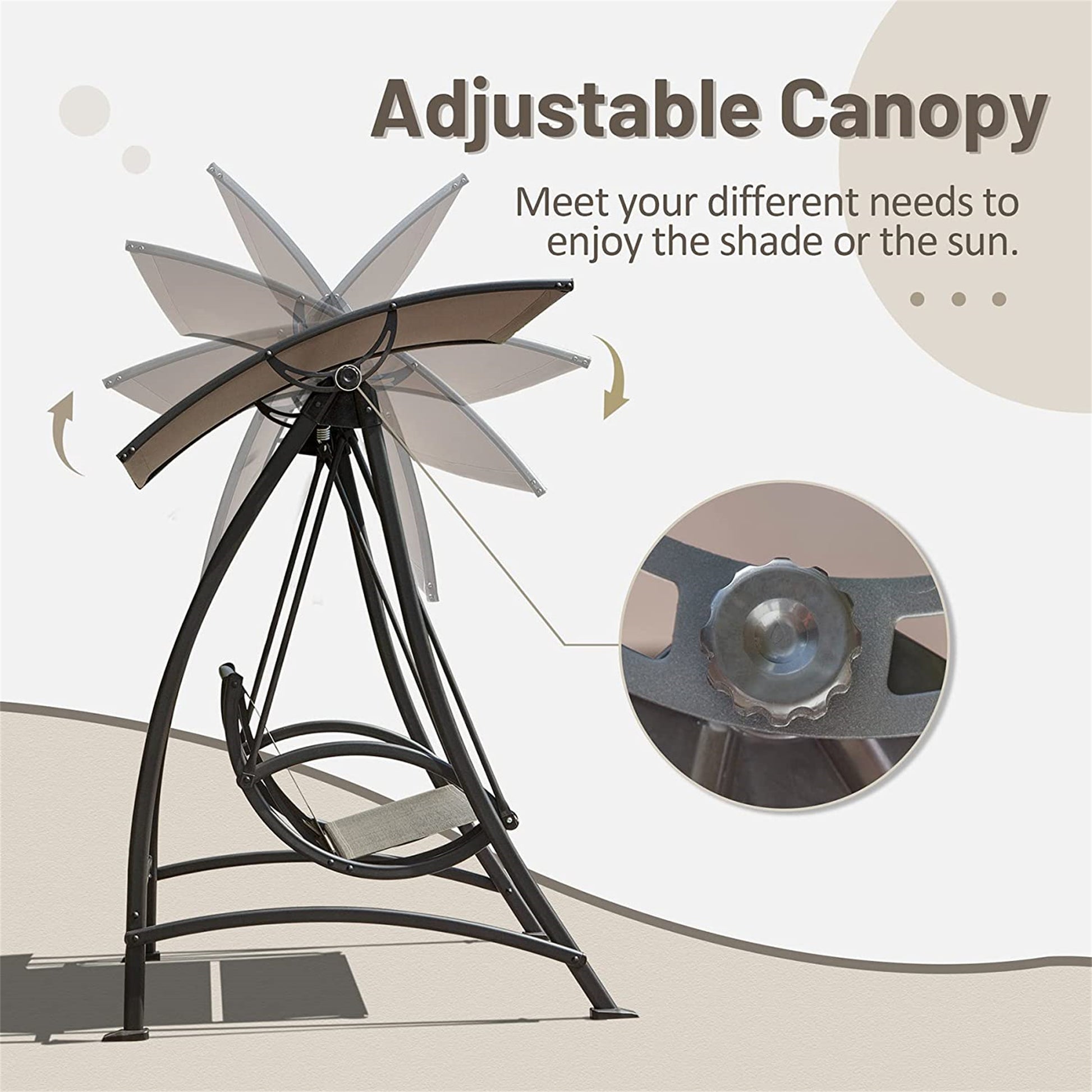 Black metal patio swing with adjustable canopy