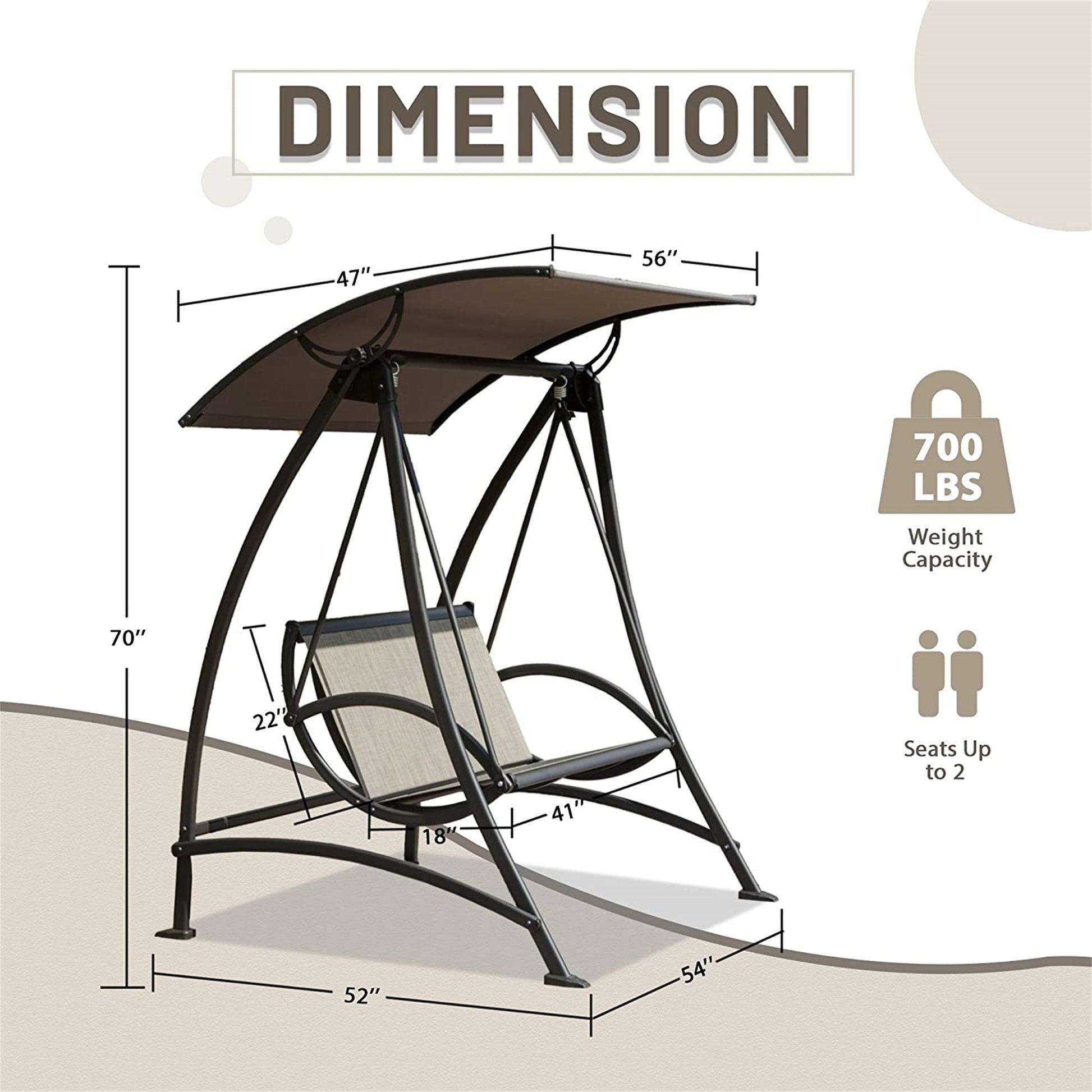 Brown fabric patio swing with adjustable canopy and black metal frame
