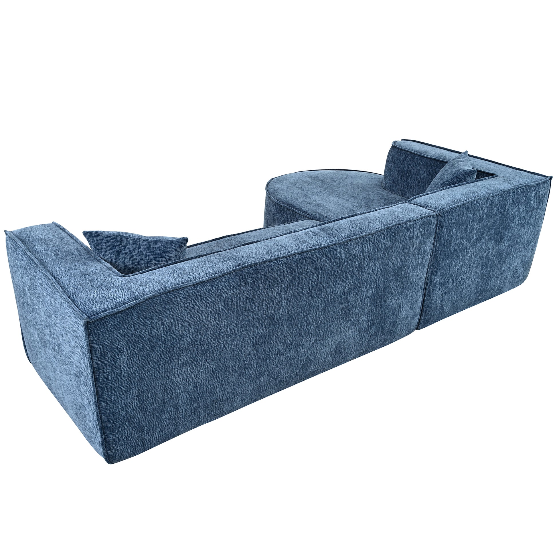Blue fabric sectional sofa with curved chaise and loose cushions