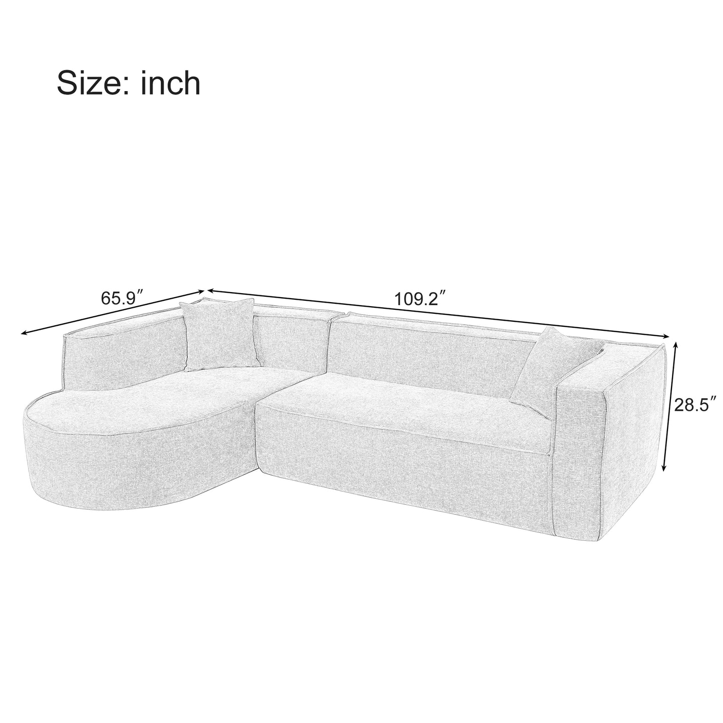 Sketch of a modern sectional sofa light gray fabric with dimensions  L x  W x  H