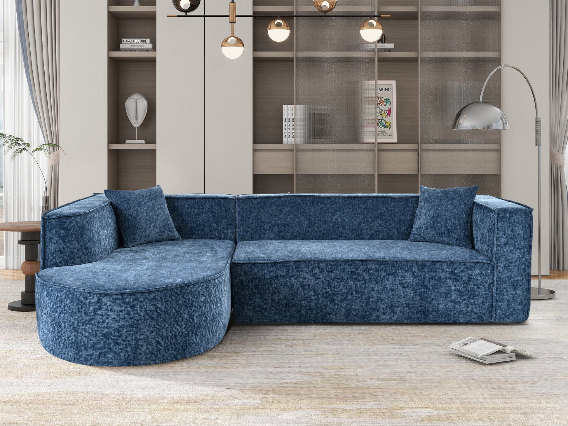 Deep blue textured sectional sofa with curved chaise lounge
