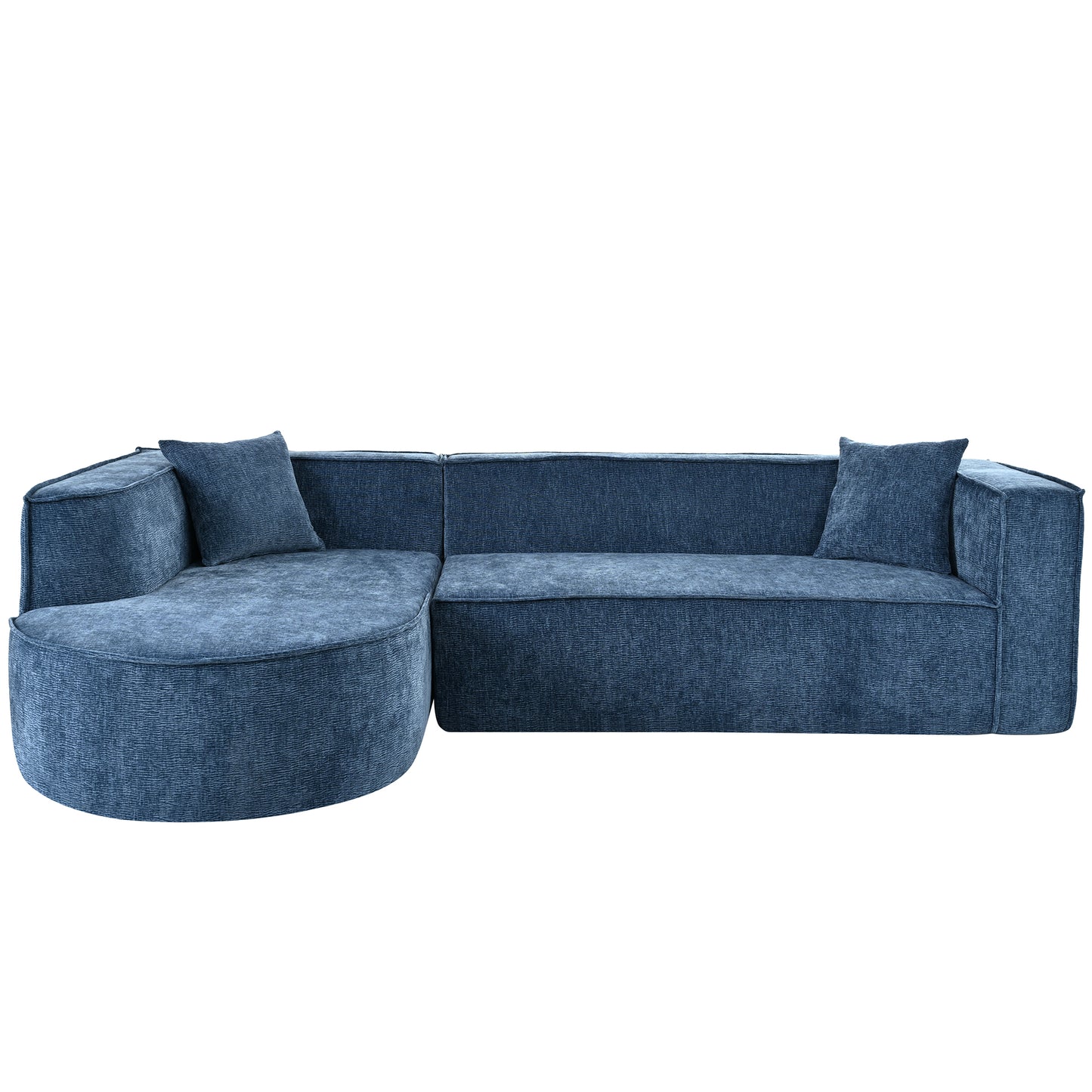Blue fabric sectional sofa with curved chaise and matching pillows