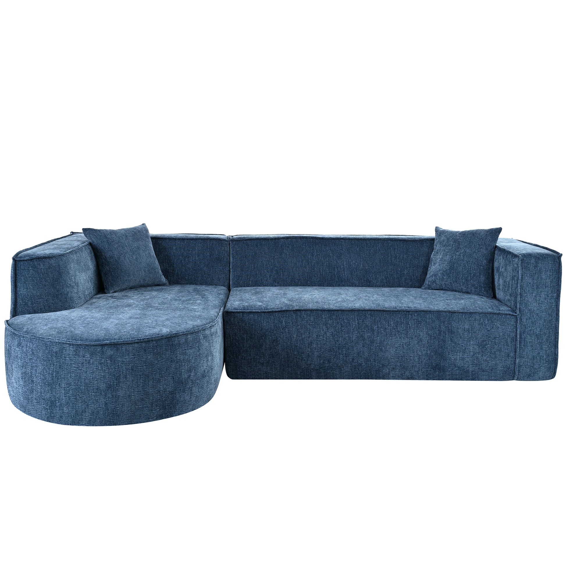 Blue fabric sectional sofa with curved chaise and matching pillows