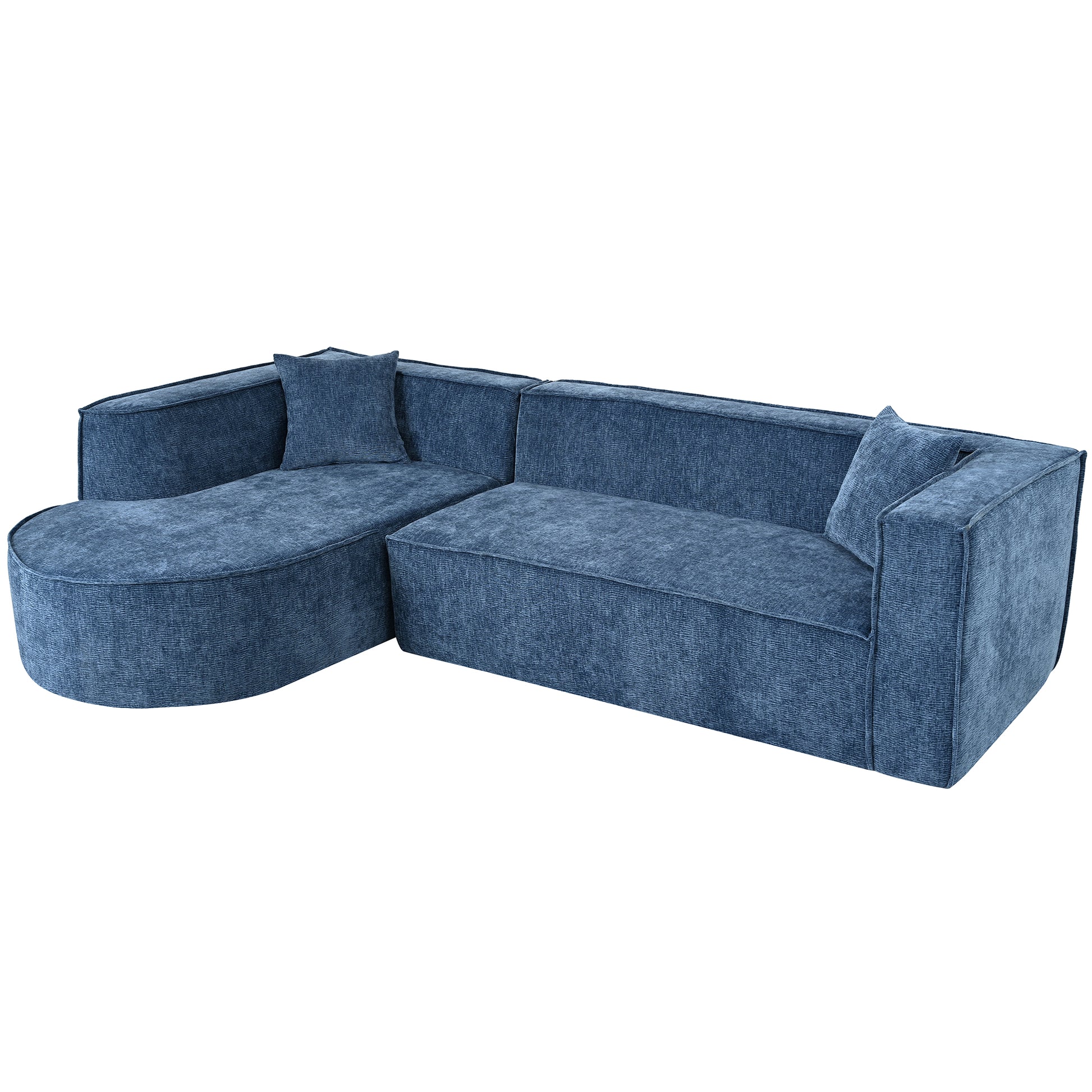 Blue sectional sofa with chaise lounge and textured fabric upholstery