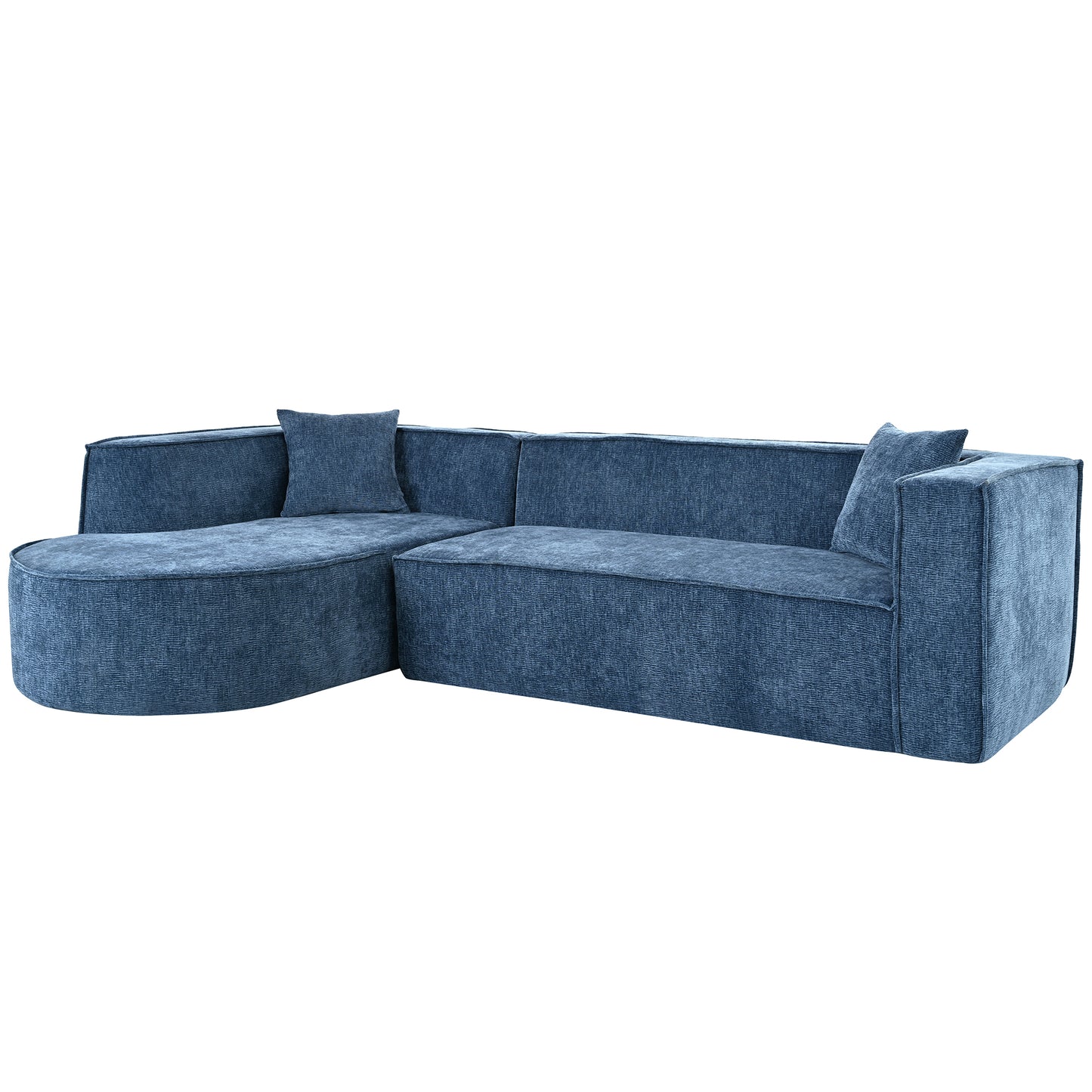 Deep blue textured fabric sectional sofa with curved chaise and accent pillows
