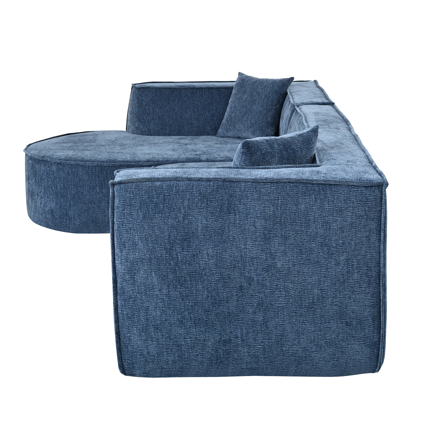 Dark blue textured fabric sectional sofa with two plush throw pillows