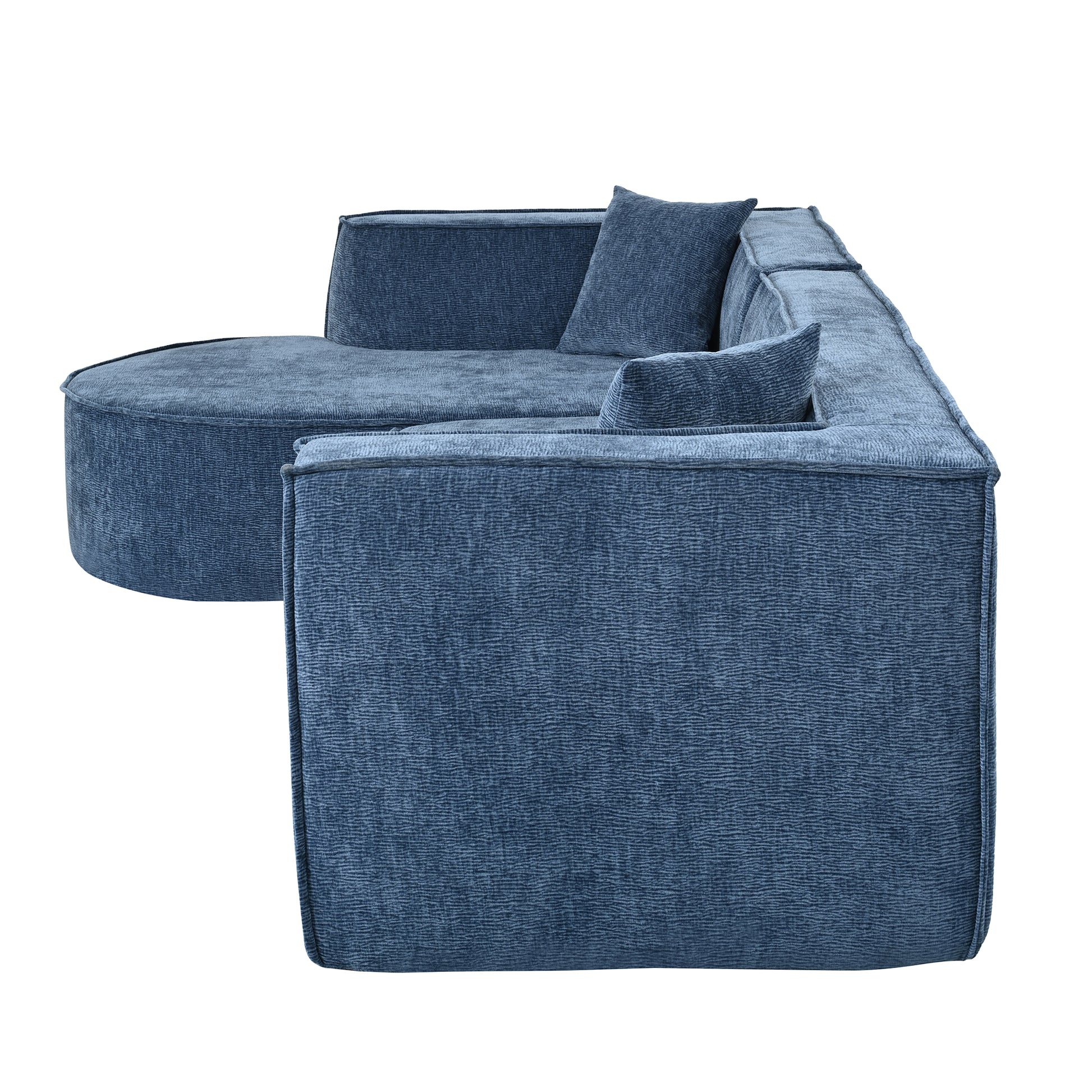 Dark blue textured fabric sectional sofa with two plush throw pillows