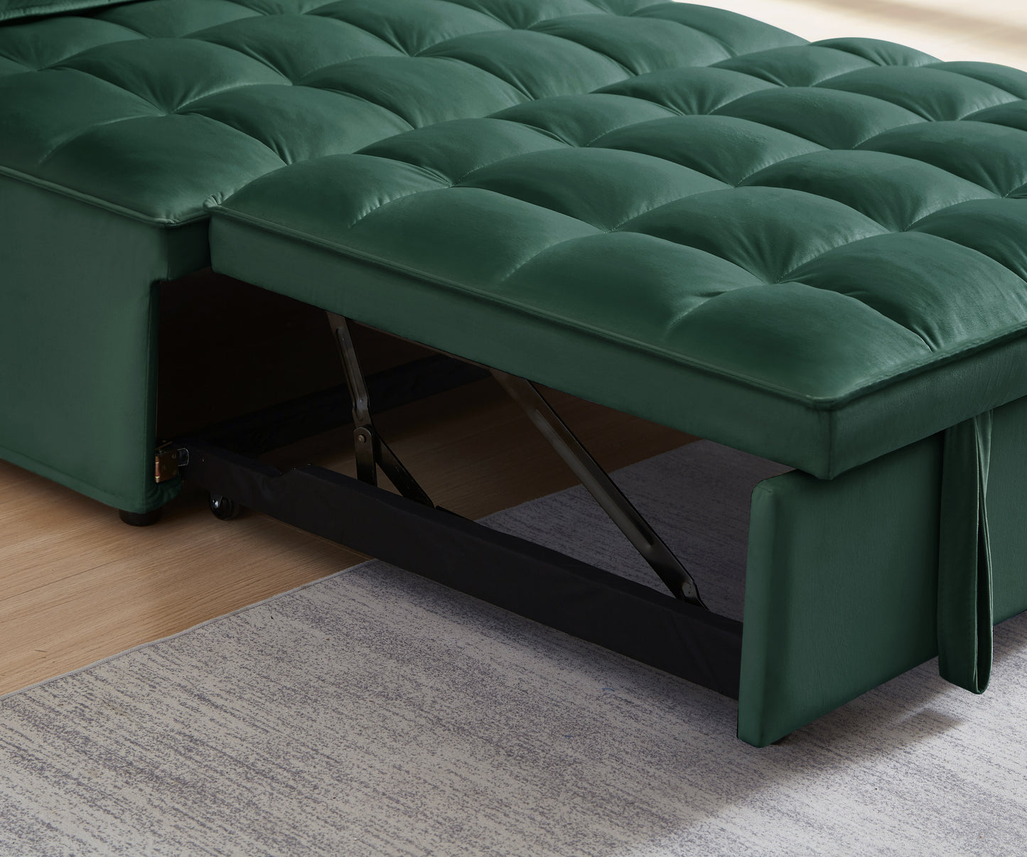 Deep green velvet sofa with tufted cushions and hidden storage