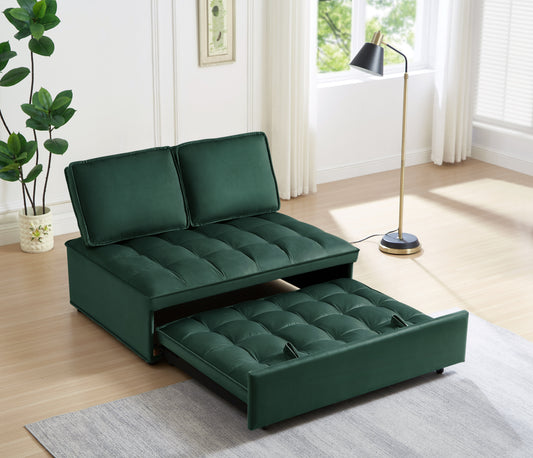 Green velvet sofa bed with tufted cushions and pullout trundle