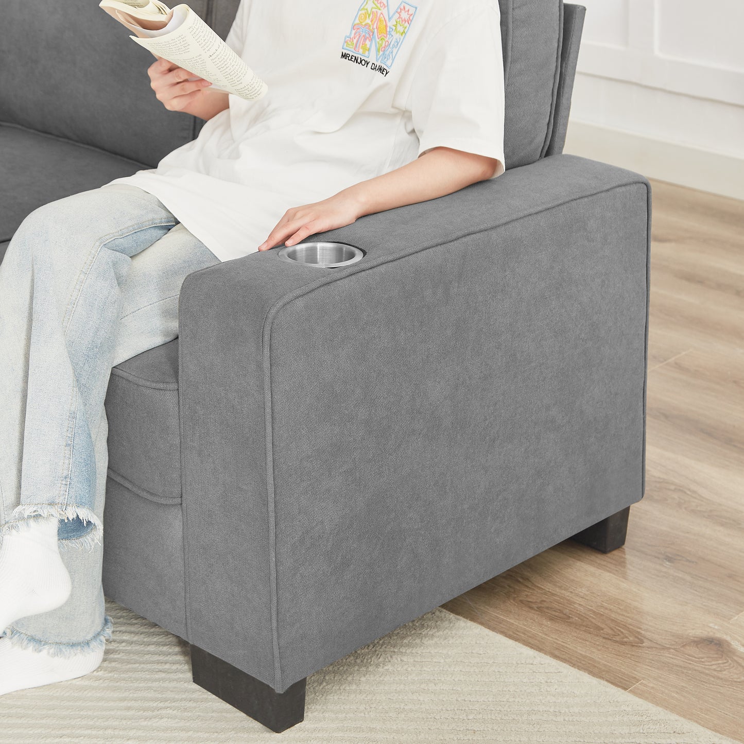 Gray fabric sofa armrest with builtin cup holder
