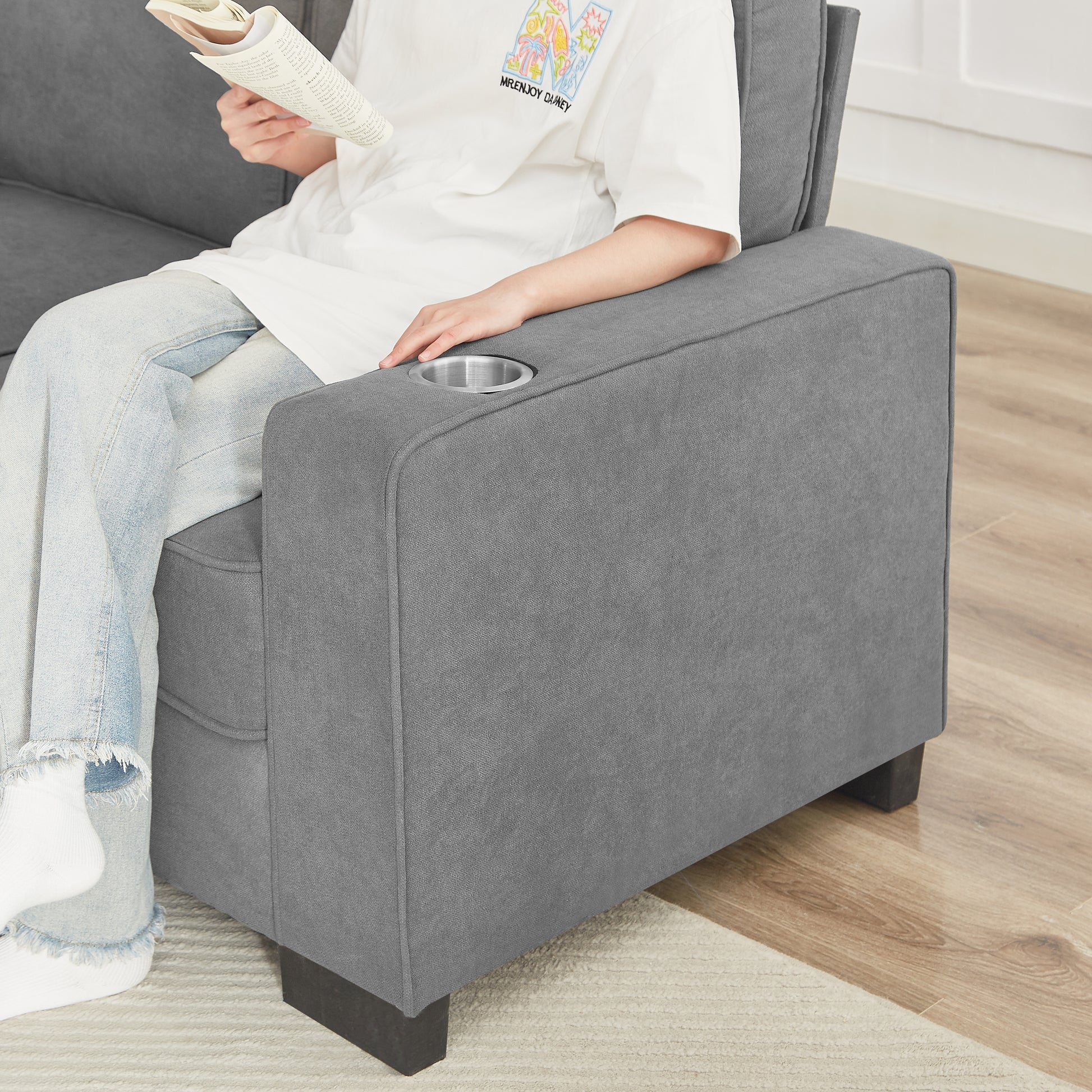 Gray fabric sofa armrest with builtin cup holder