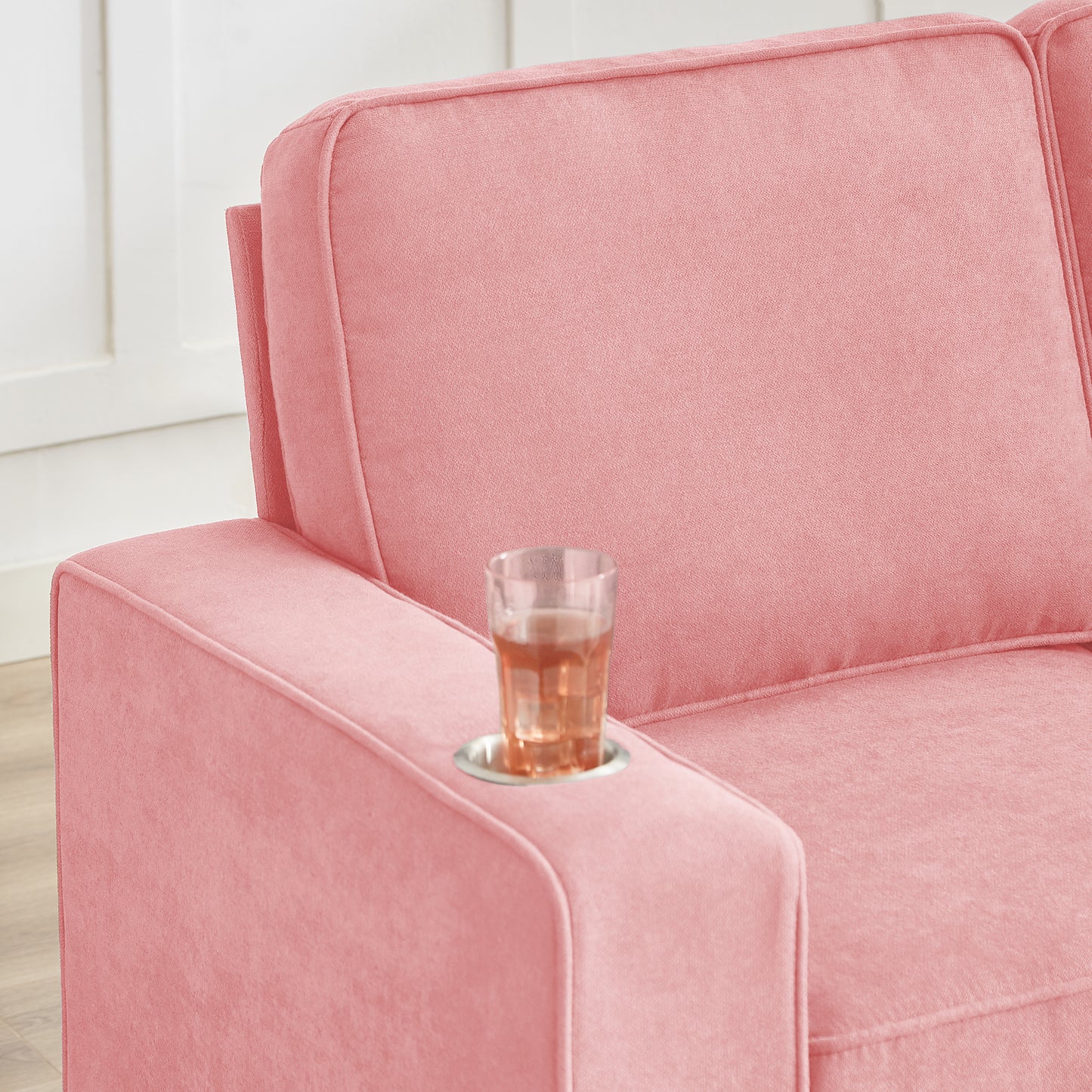 Pink velvet sofa armrest with builtin cup holder