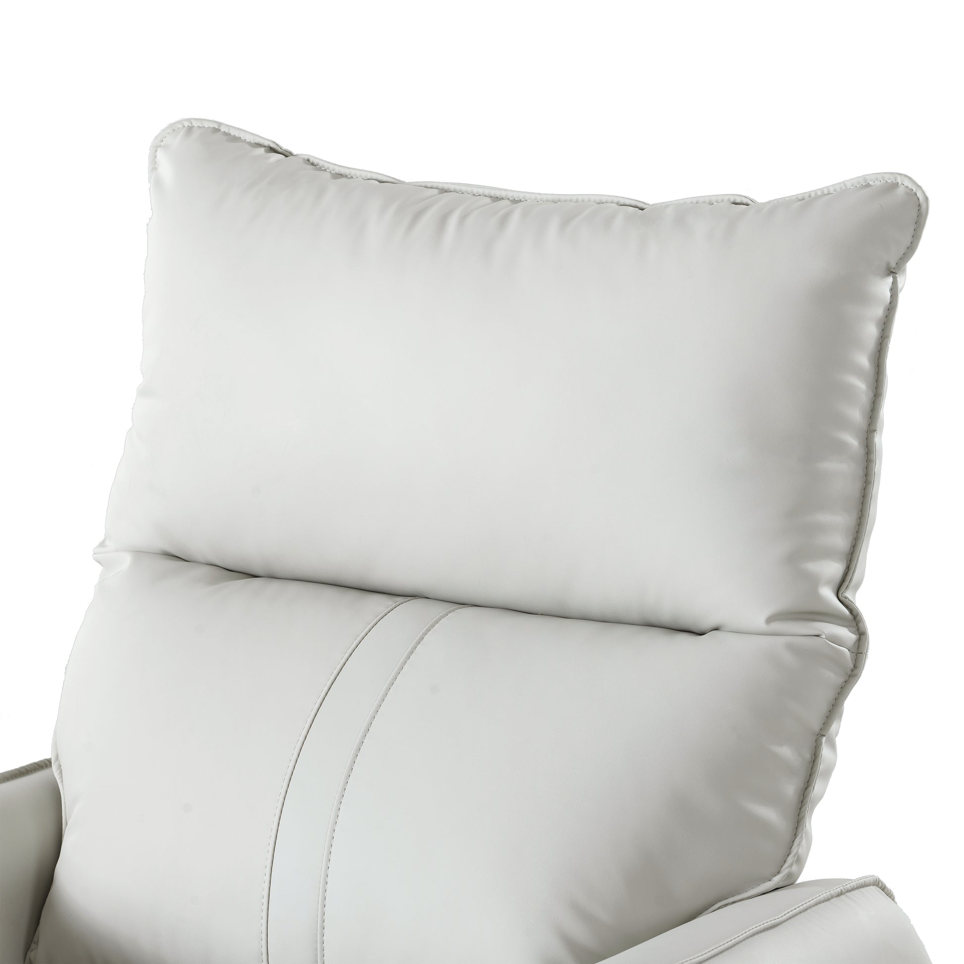 Closeup of a white faux leather recliner headrest showing plush padding