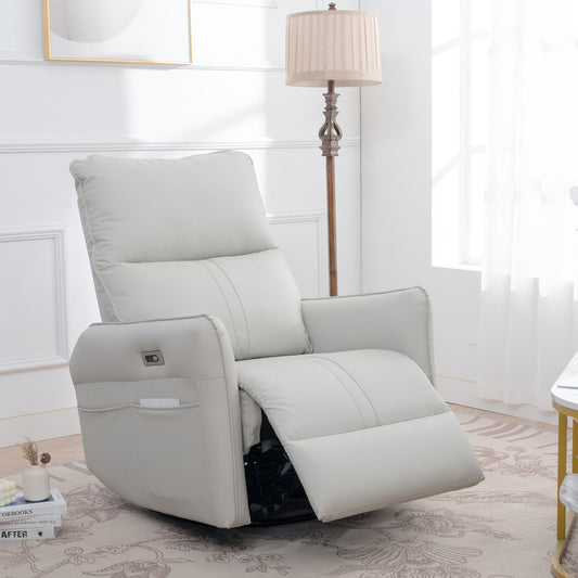 Light gray faux leather swivel recliner with plush cushioning and convenient side pockets