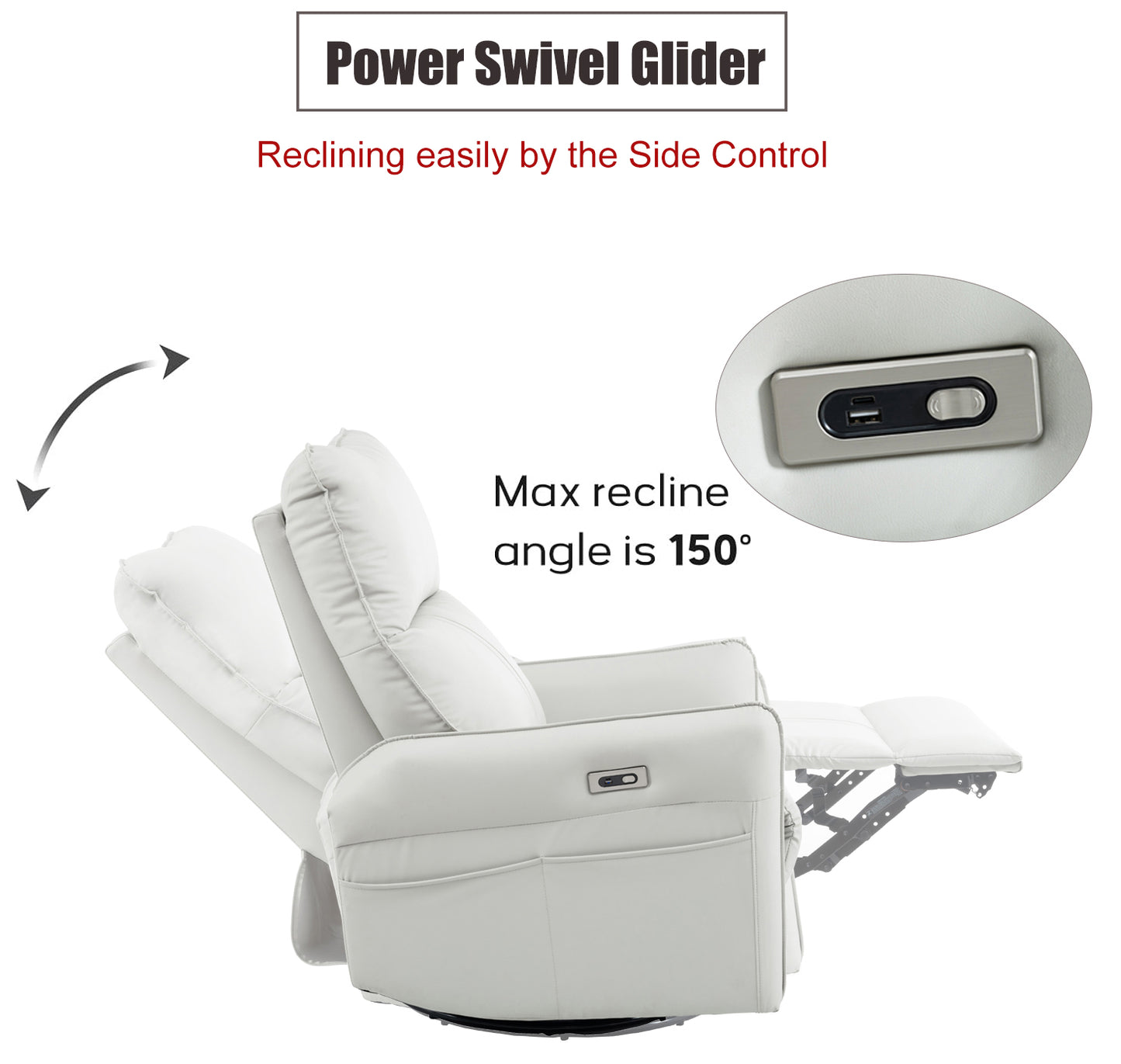 White leather power swivel glider recliner with integrated USB charging ports