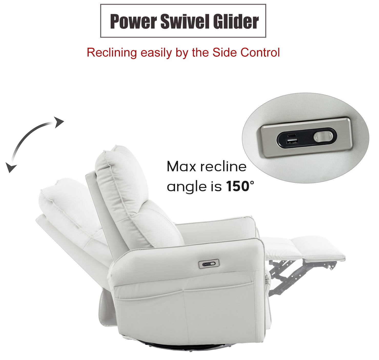 White leather power swivel glider recliner with integrated USB charging ports