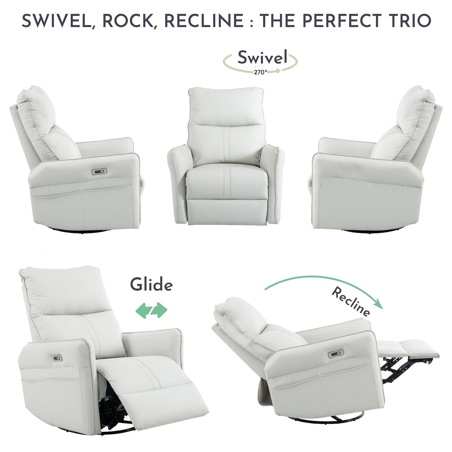 White leather power recliner chair in swivel position
