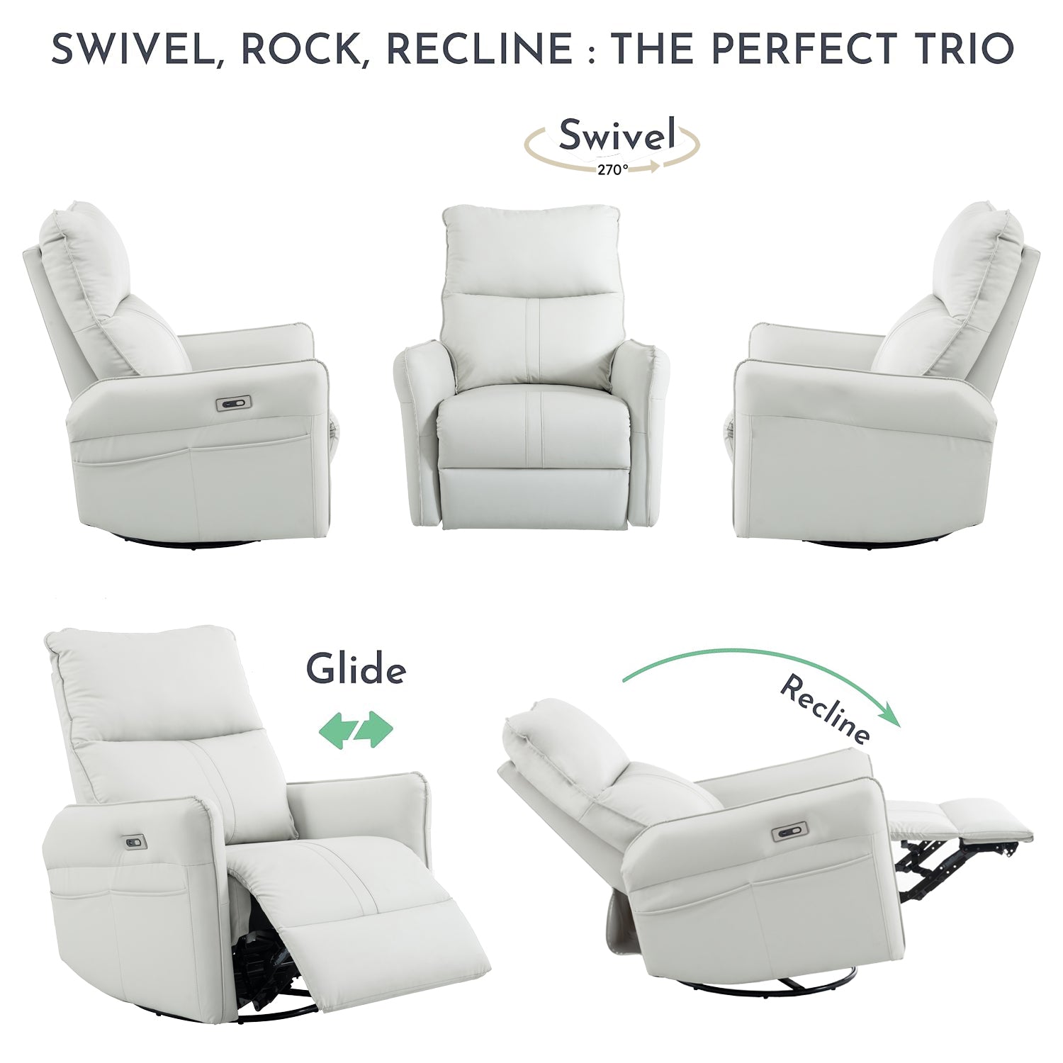 White leather power recliner chair in swivel position