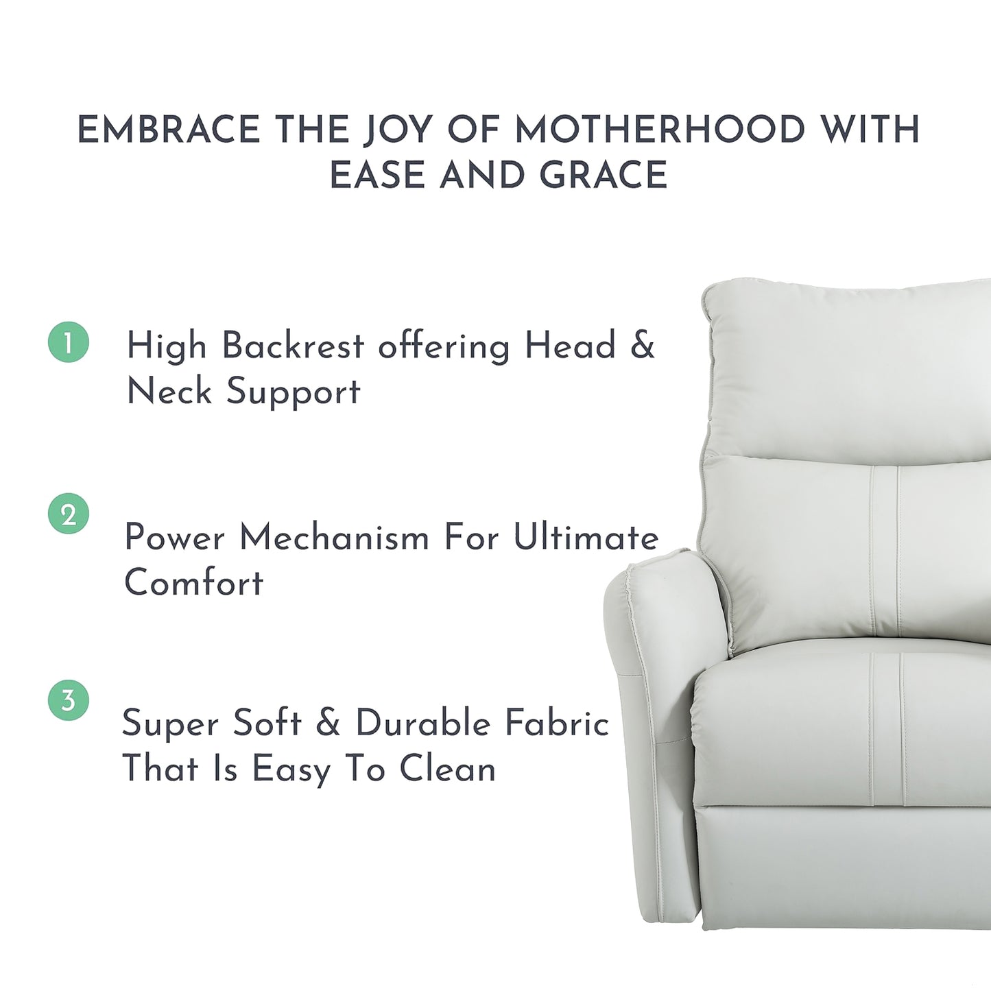 Light gray leather recliner chair with plush headrest and armrest