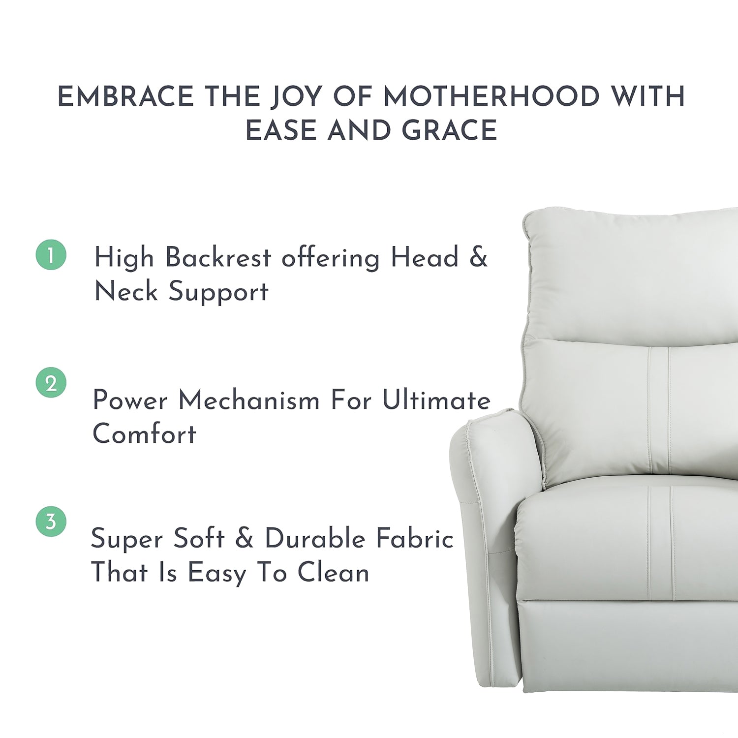 Light gray leather recliner chair with plush headrest and armrest