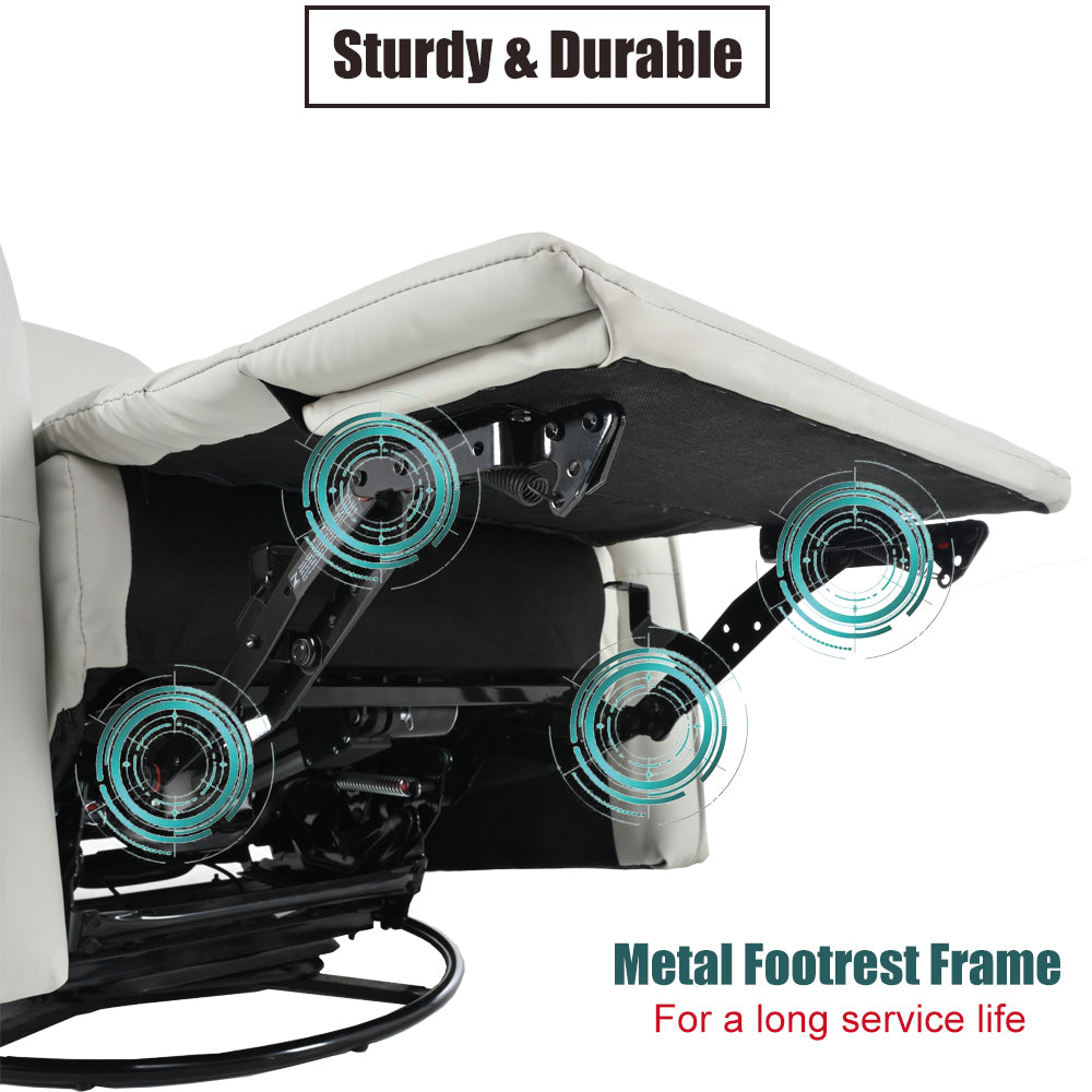 White leather recliner mechanism with sturdy metal footrest frame