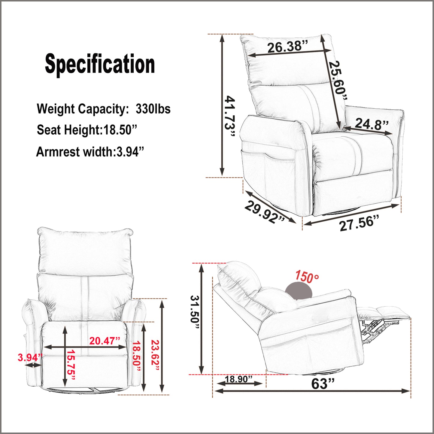 Schematic of a recliner chair with dimensions  inches high and  inches wide