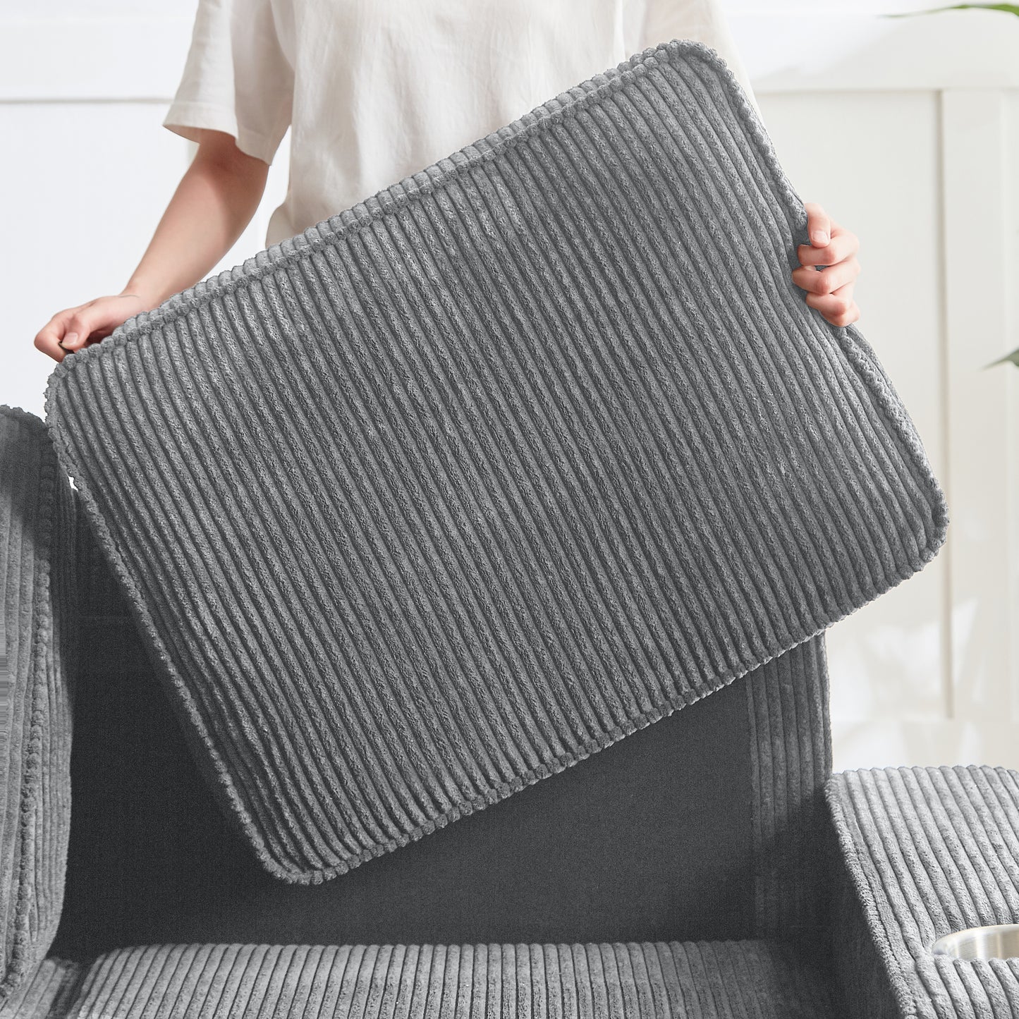 Gray corduroy pillow cover with raised ridges