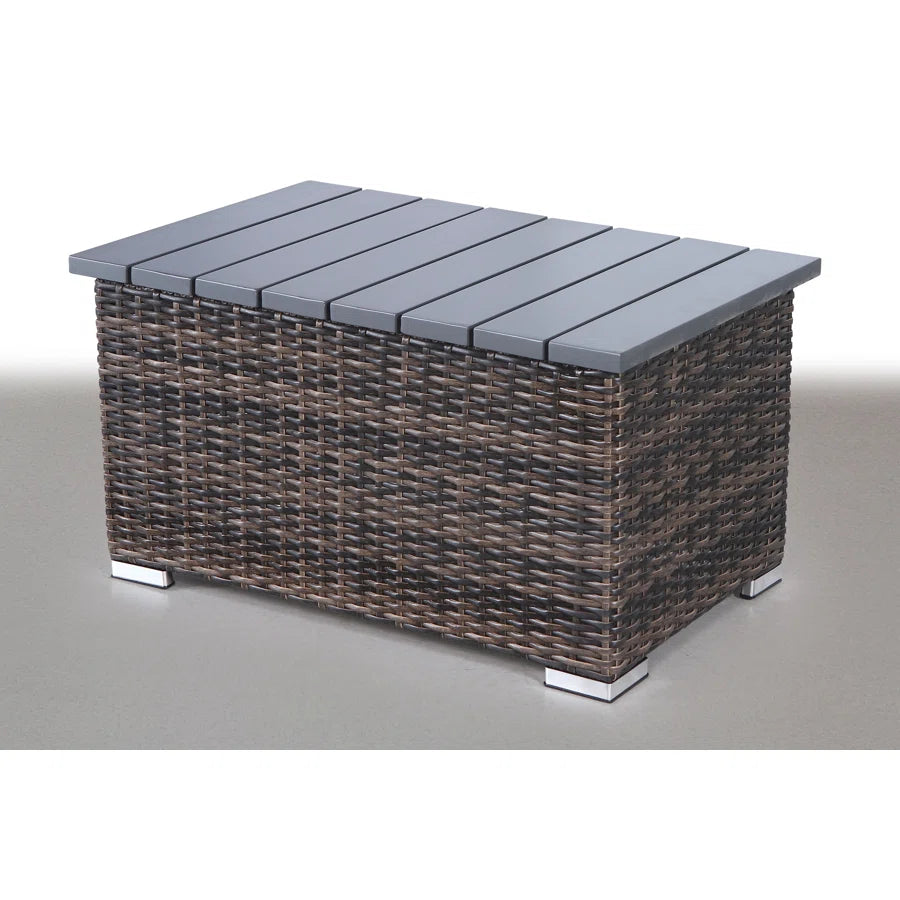 Woven wicker storage ottoman with grey slatted lid and silver feet