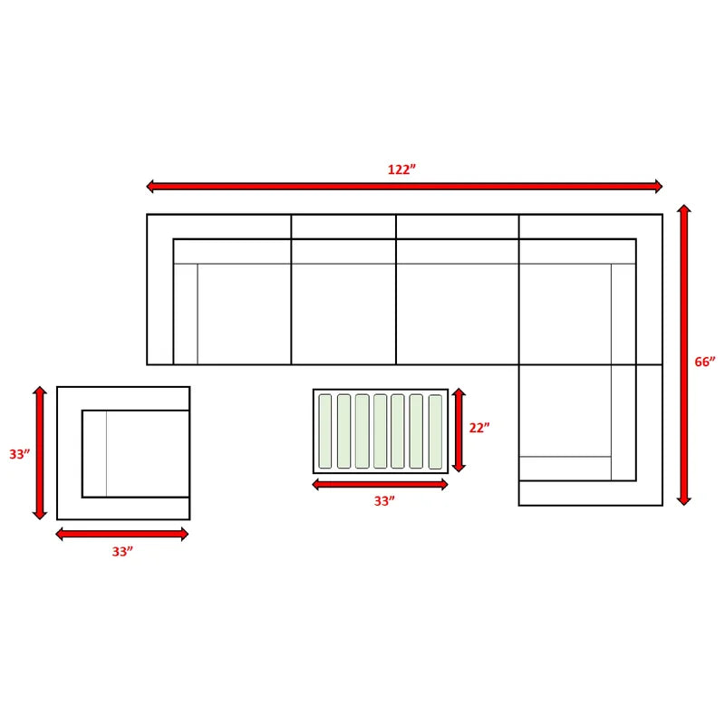 Diagram of sectional sofa dimensions  L x  W includes corner piece and ottoman