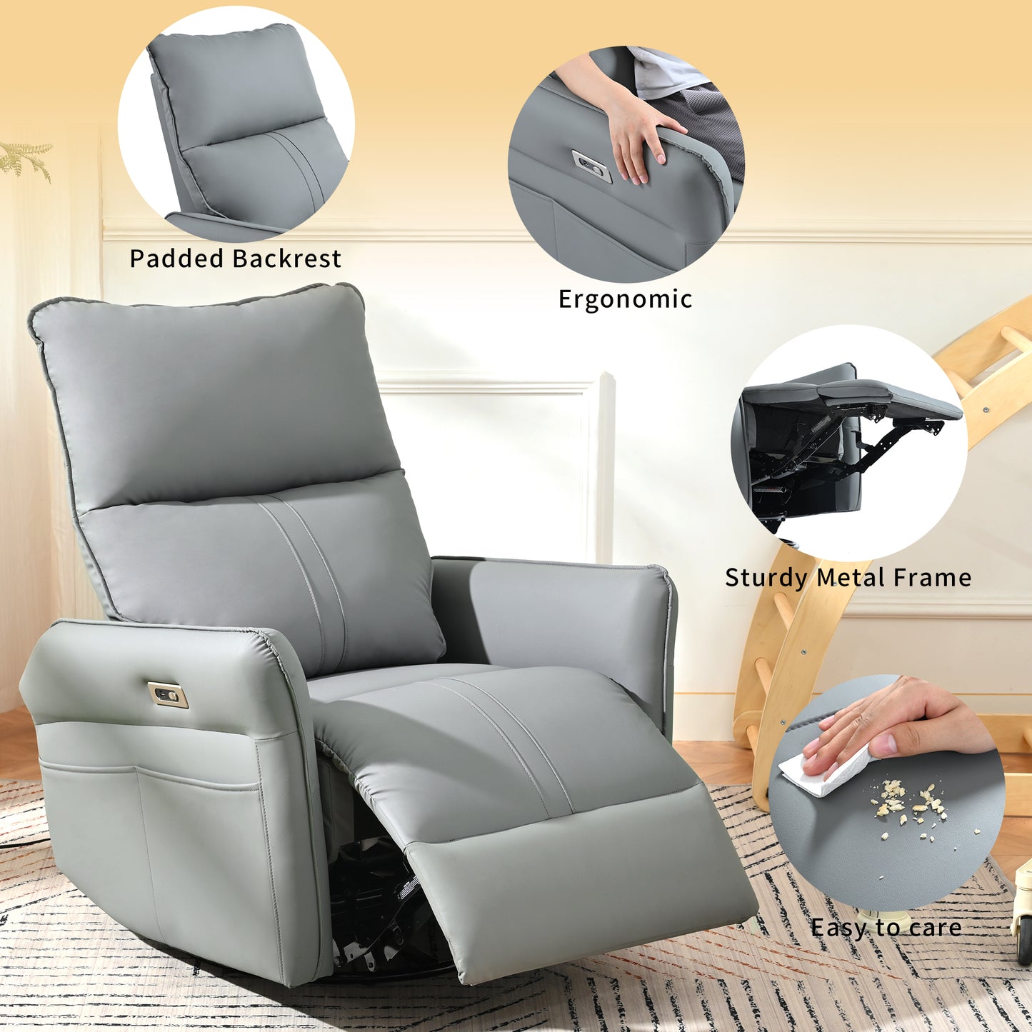 Gray power recliner with padded backrest and ergonomic design