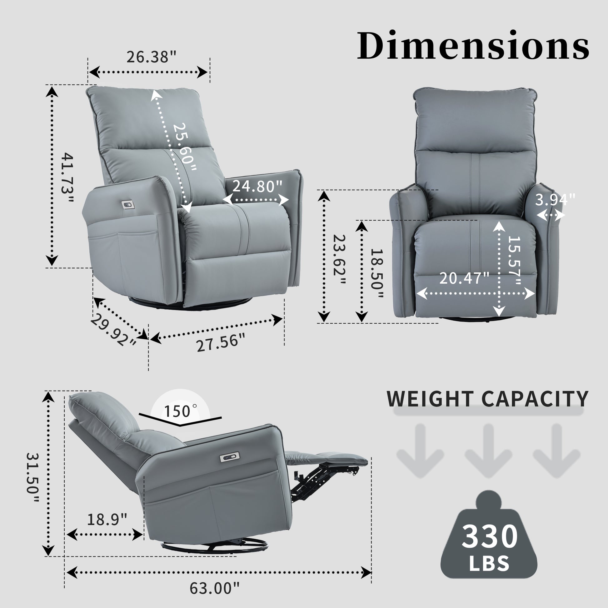 Gray leather power recliner dimensions shown W x H