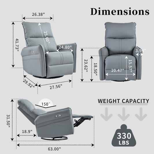 Gray leather power recliner dimensions shown W x H